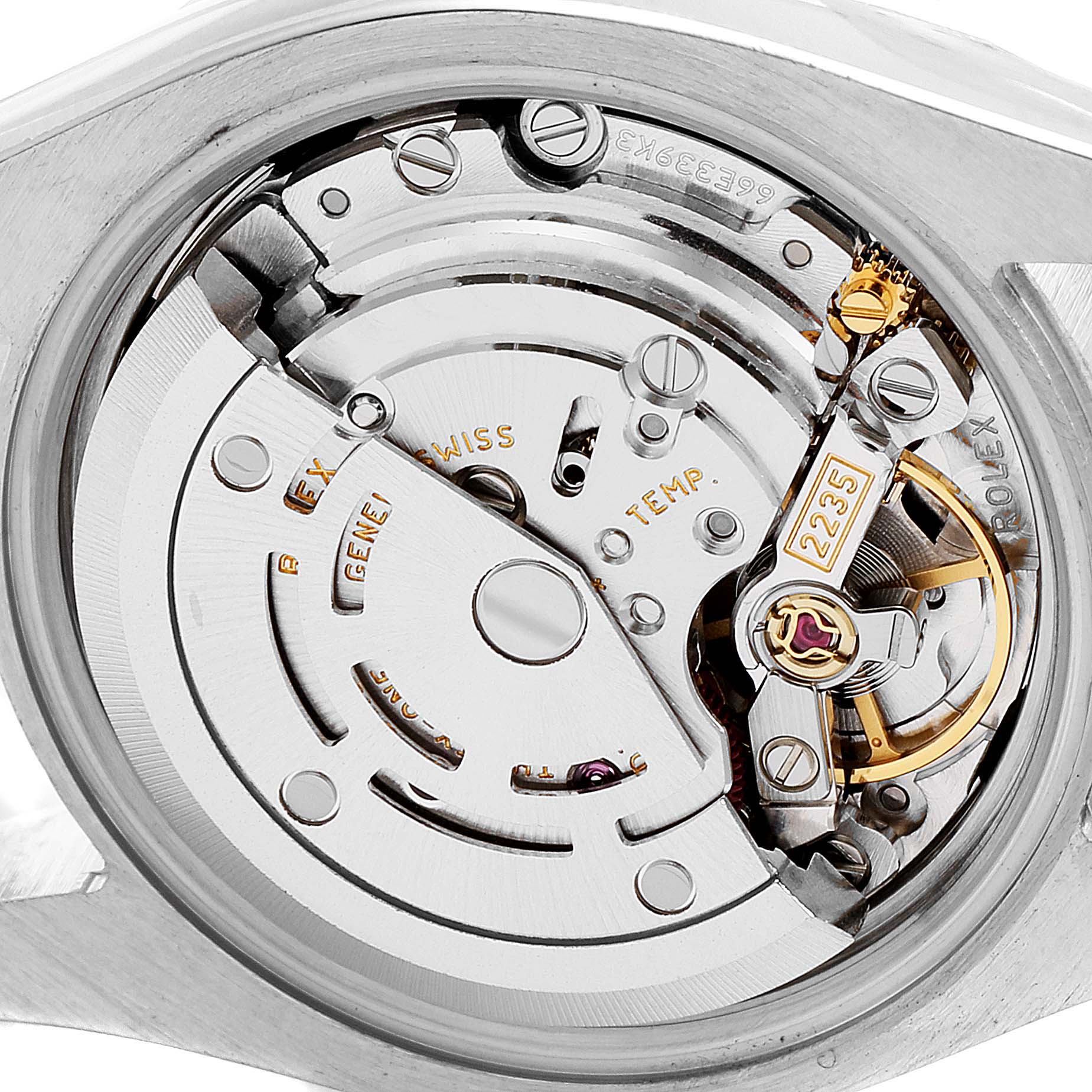 The image shows an internal view of the Rolex Datejust 179384 Women's Stainless Steel Black Dial 179384 Women's Stainless Steel Black Dial watch’s movement mechanism, highlighting intricate parts.