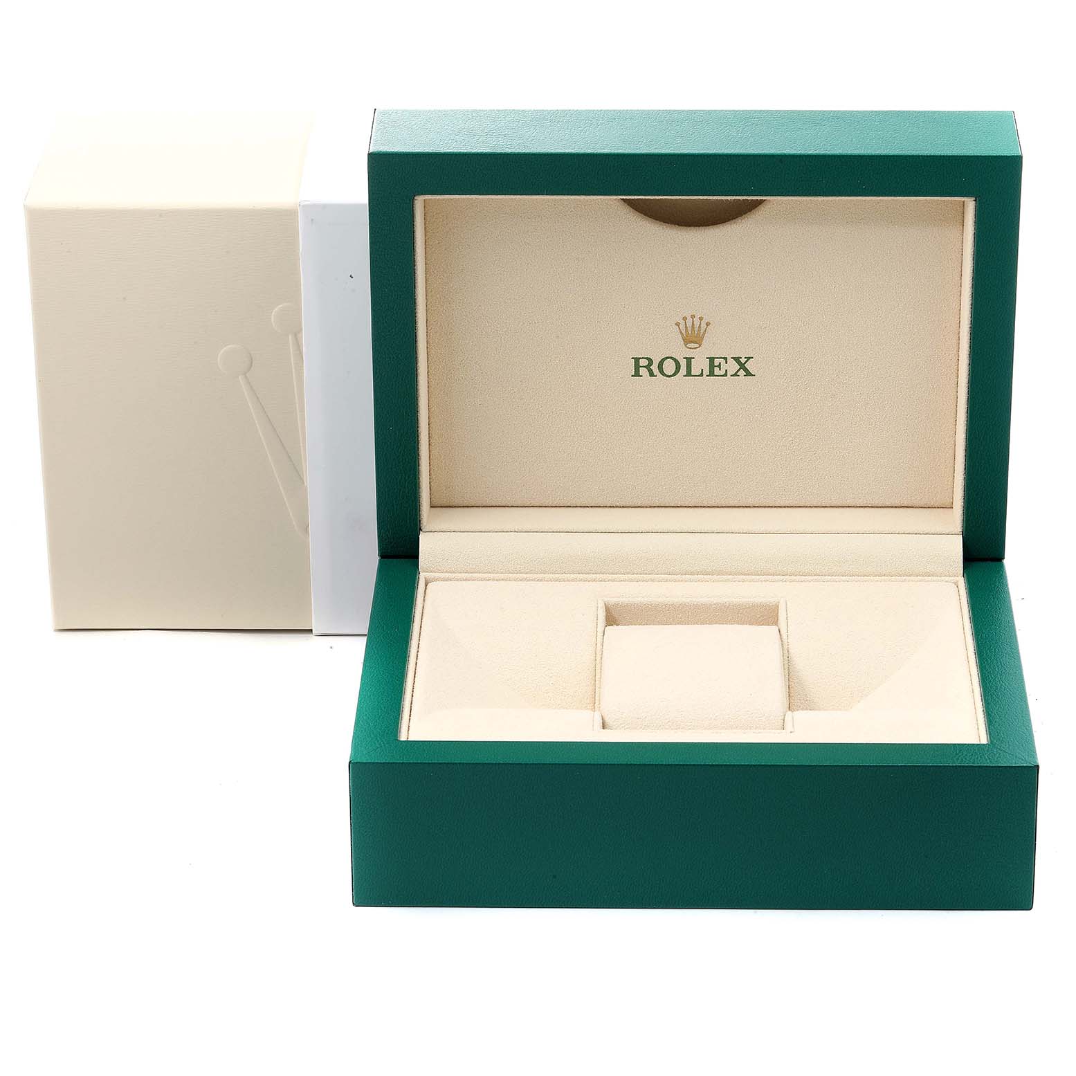 This is a front view of an open Rolex Datejust 179384 Women's Stainless Steel Black Dial 179384 Women's Stainless Steel Black Dial watch box.