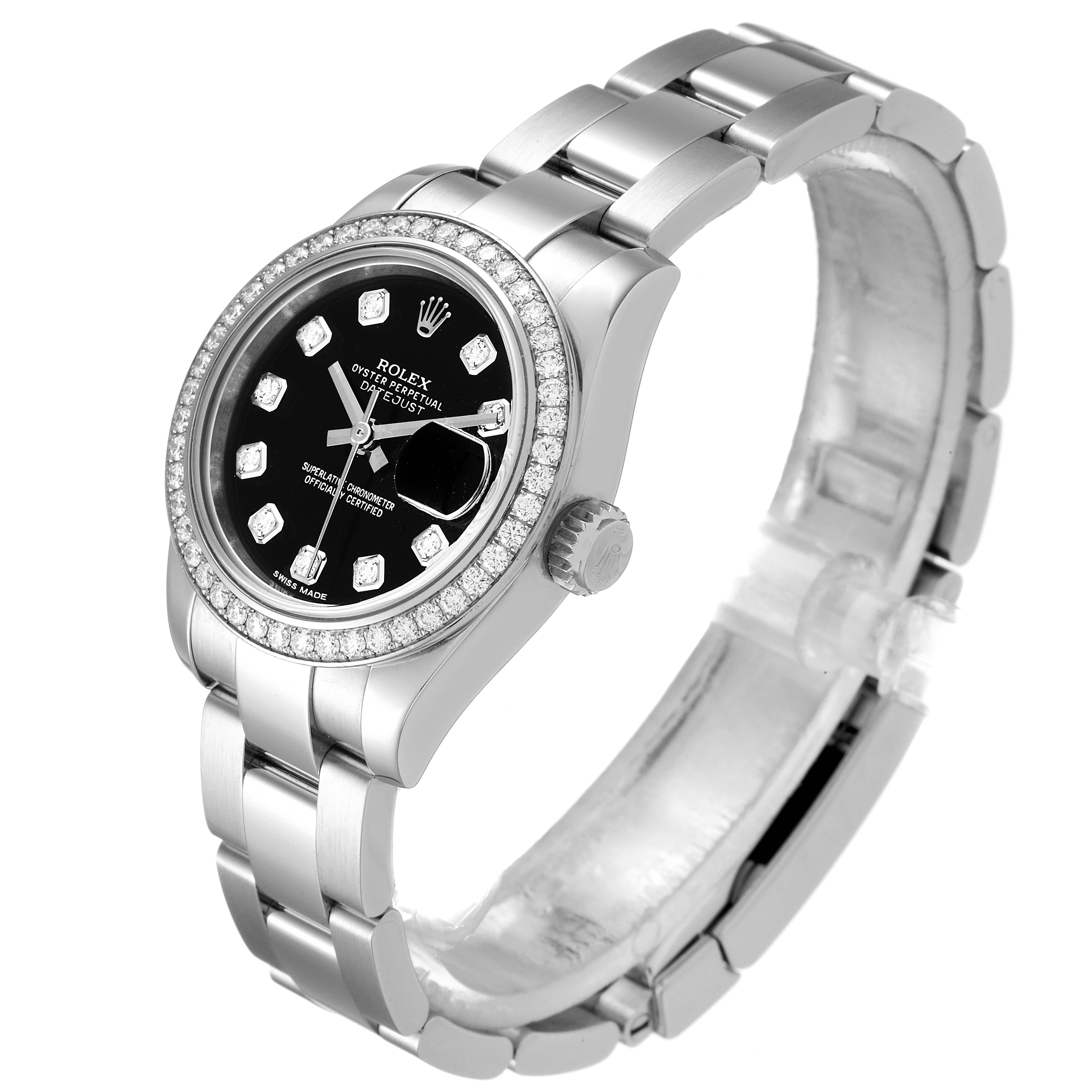 The Rolex Datejust 179384 Women's Stainless Steel Black Dial 179384 Women's Stainless Steel Black Dial watch is shown at a three-quarter angle, displaying its face, band, crown, and diamond bezel.