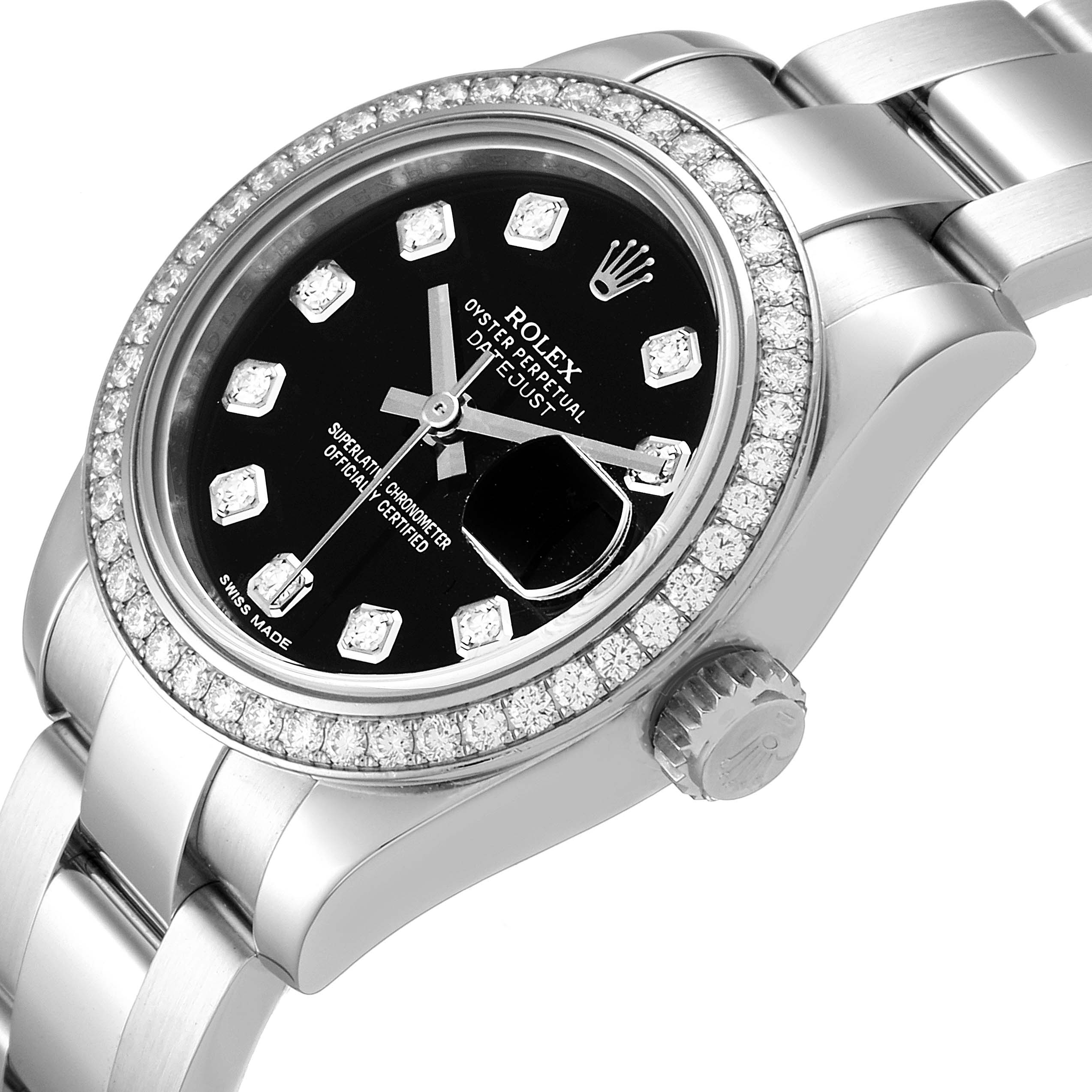 The image shows a close-up, angled view of a Rolex Datejust 179384 Women's Stainless Steel Black Dial 179384 Women's Stainless Steel Black Dial watch, highlighting the bezel, dial, and part of the bracelet.
