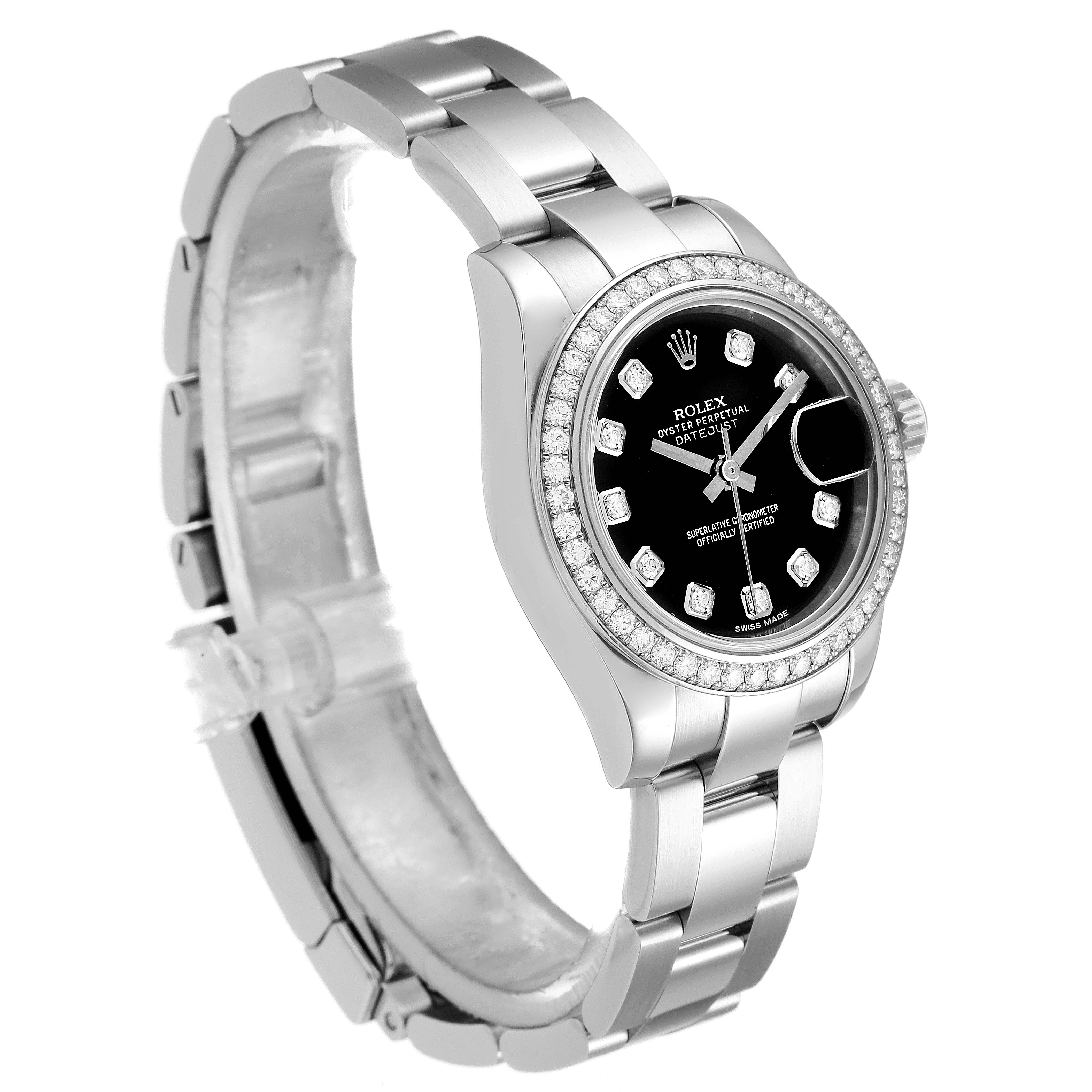 The image shows a Rolex Datejust 179384 Women's Stainless Steel Black Dial 179384 Women's Stainless Steel Black Dial watch from a three-quarter angle, highlighting the bezel, dial, bracelet, and crown.