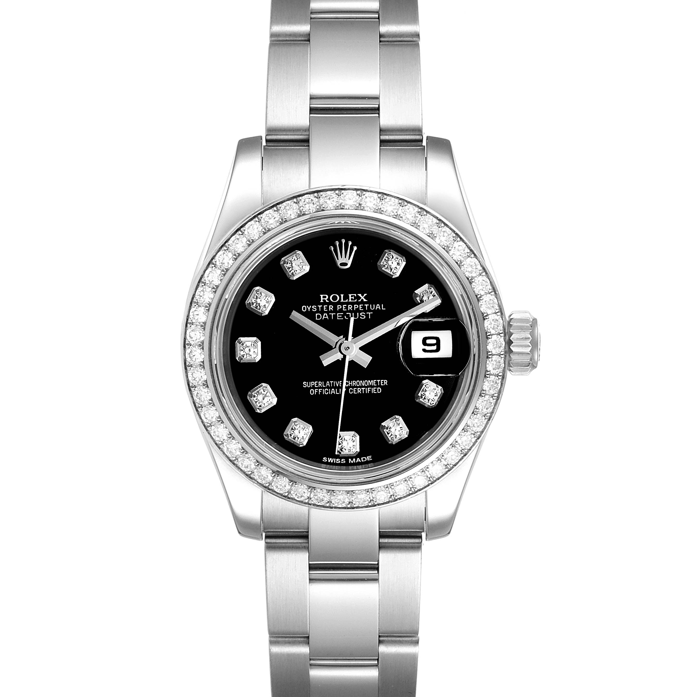 This image shows a front view of the Rolex Datejust 179384 Women's Stainless Steel Black Dial 179384 Women's Stainless Steel Black Dial watch, highlighting its black dial, diamond hour markers, and stainless steel bracelet.