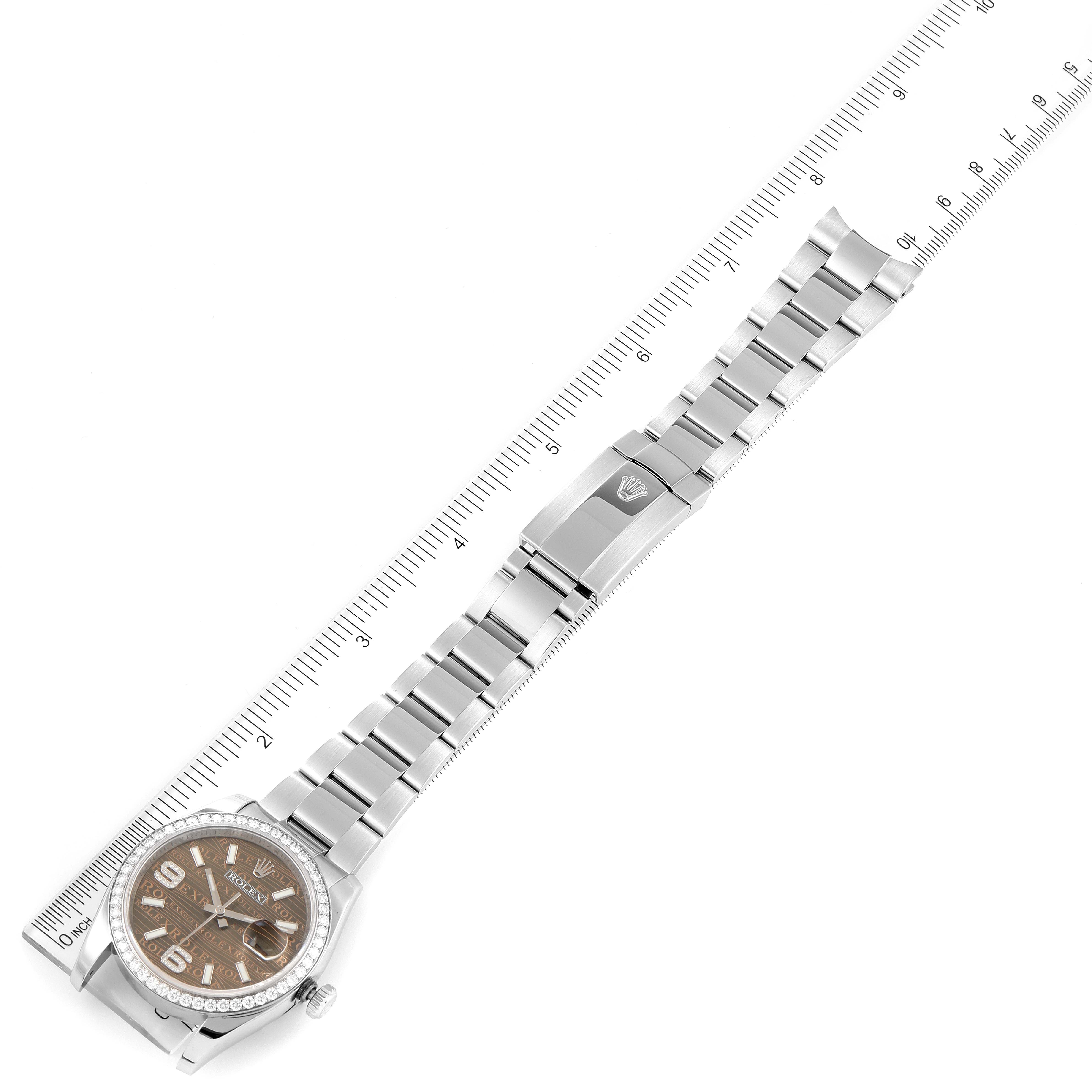 The image shows a Rolex Datejust 116244 Men's Stainless Steel Brown Dial 116244 Men's Stainless Steel Brown Dial watch displayed flat with its bracelet, next to a ruler for scale measurement.