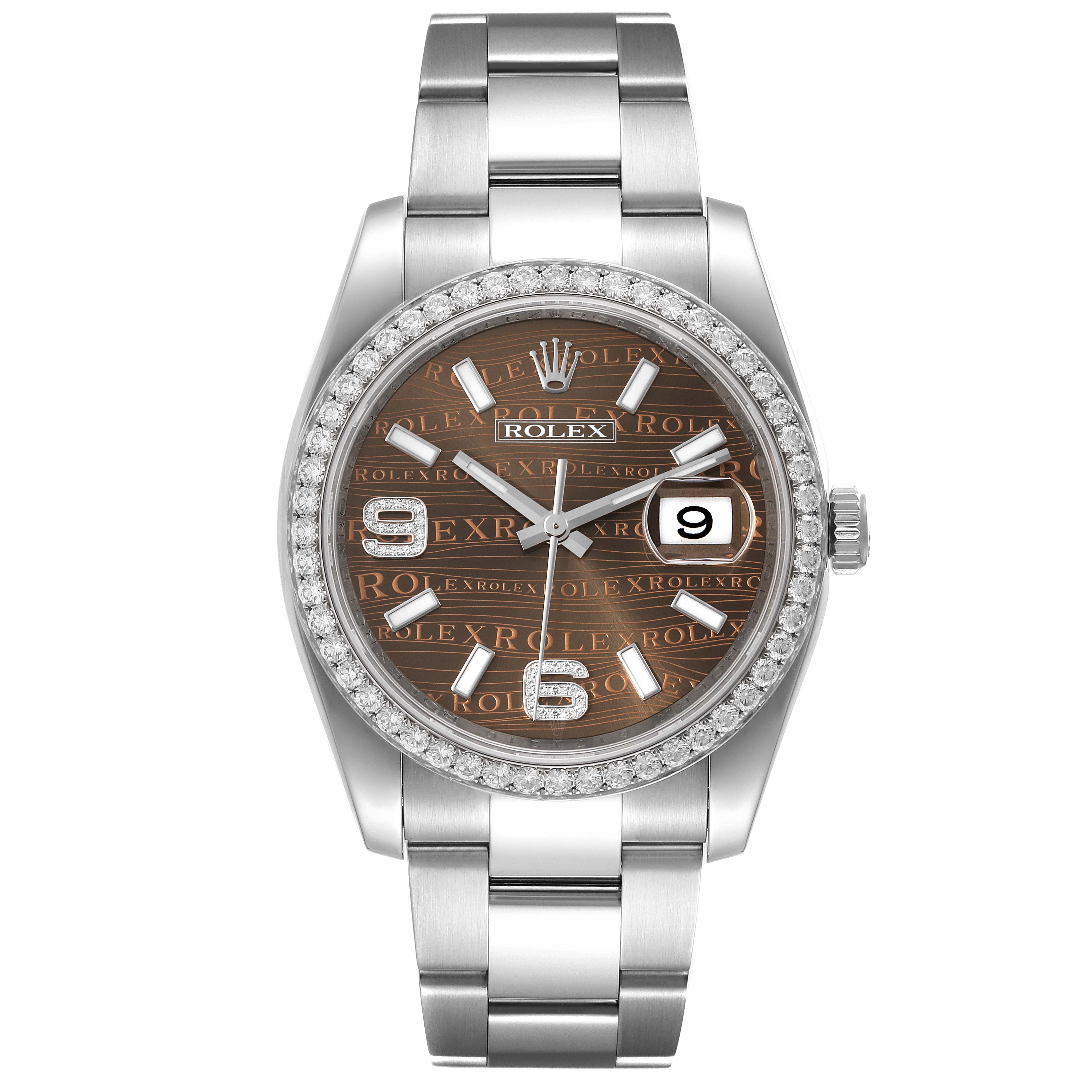 This image shows a front view of a Rolex Datejust 116244 Men's Stainless Steel Brown Dial 116244 Men's Stainless Steel Brown Dial watch featuring its dial, bezel, and bracelet.