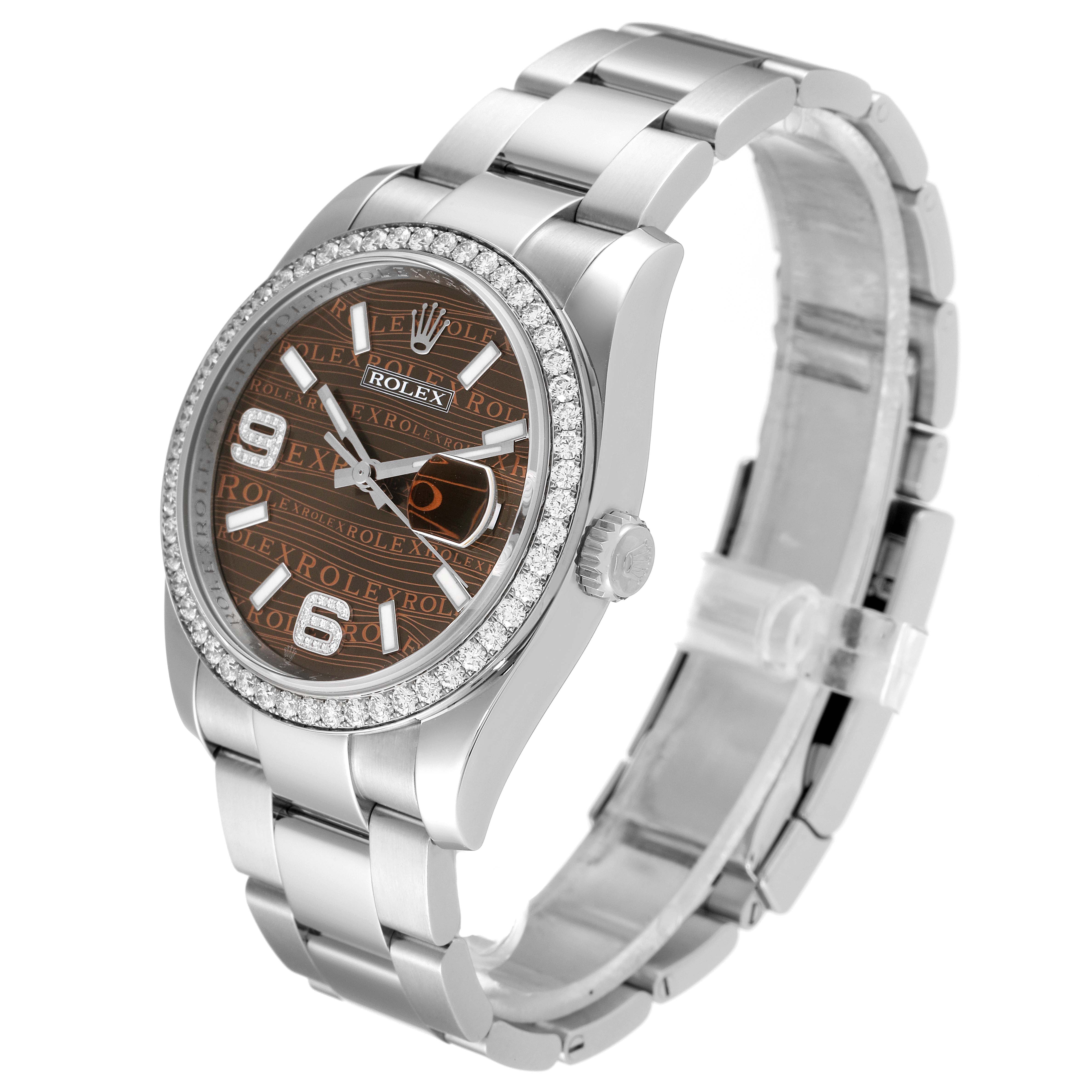 This image shows the Rolex Datejust 116244 Men's Stainless Steel Brown Dial 116244 Men's Stainless Steel Brown Dial watch angled from the front left, highlighting the dial, bezel, and bracelet.