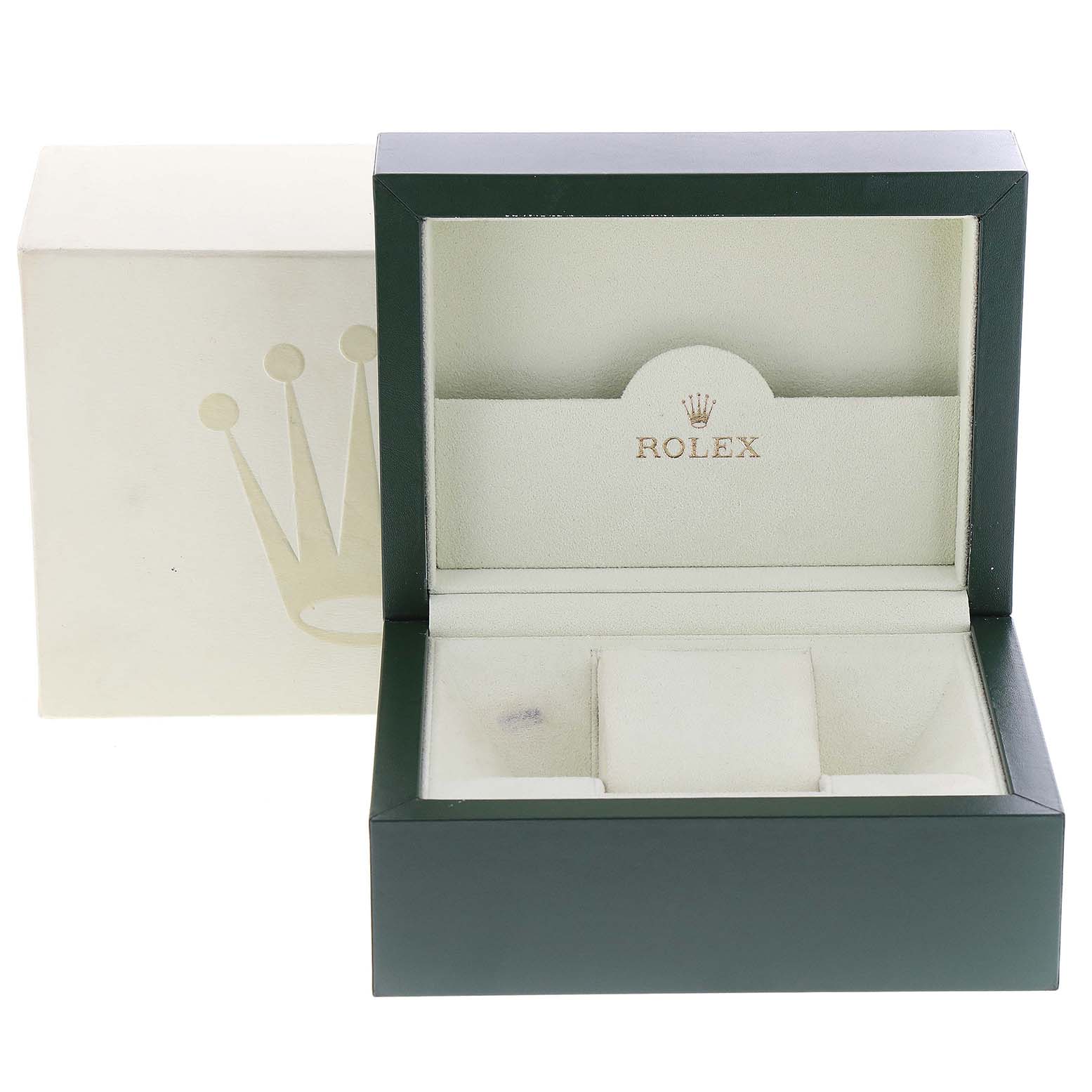 This image shows an open Rolex Datejust 116244 Men's Stainless Steel Brown Dial 116244 Men's Stainless Steel Brown Dial watch box at a front angle, displaying its interior compartments.