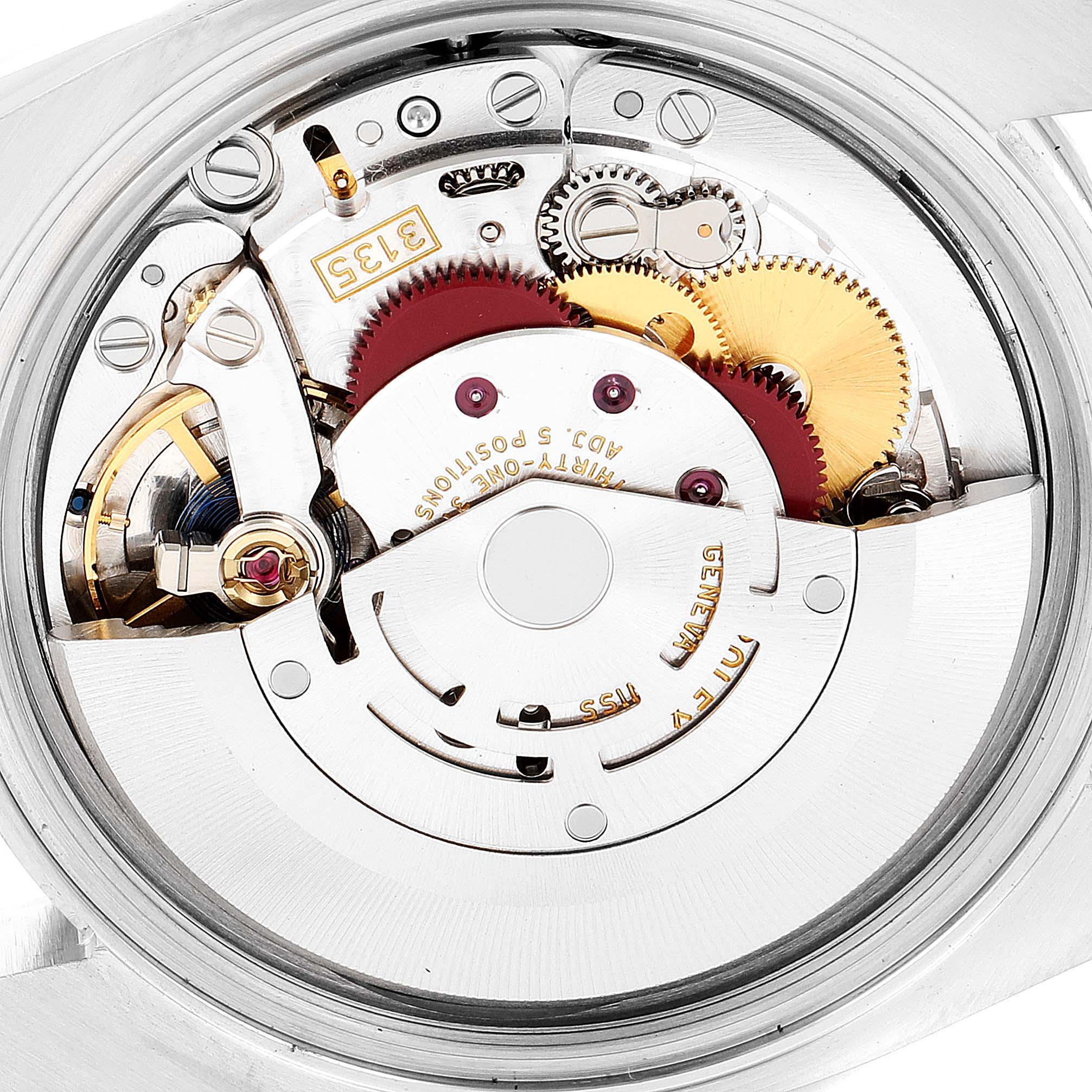 This image shows the back view of a Rolex Datejust 116244 Men's Stainless Steel Brown Dial 116244 Men's Stainless Steel Brown Dial watch, revealing its intricate movement and internal mechanism.