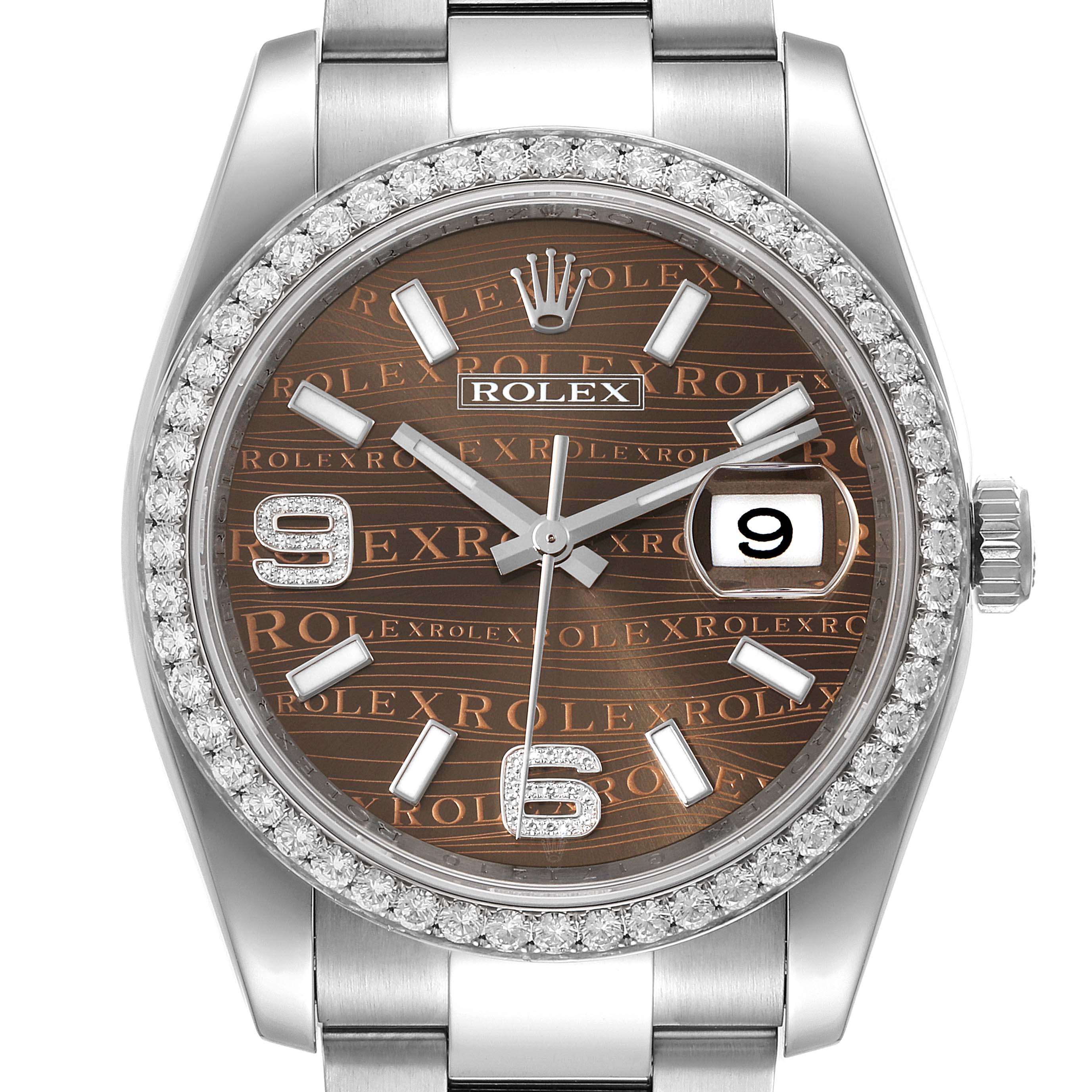 This image shows a front view of the Rolex Datejust 116244 Men's Stainless Steel Brown Dial 116244 Men's Stainless Steel Brown Dial watch, displaying its dial, bezel, and part of the bracelet.