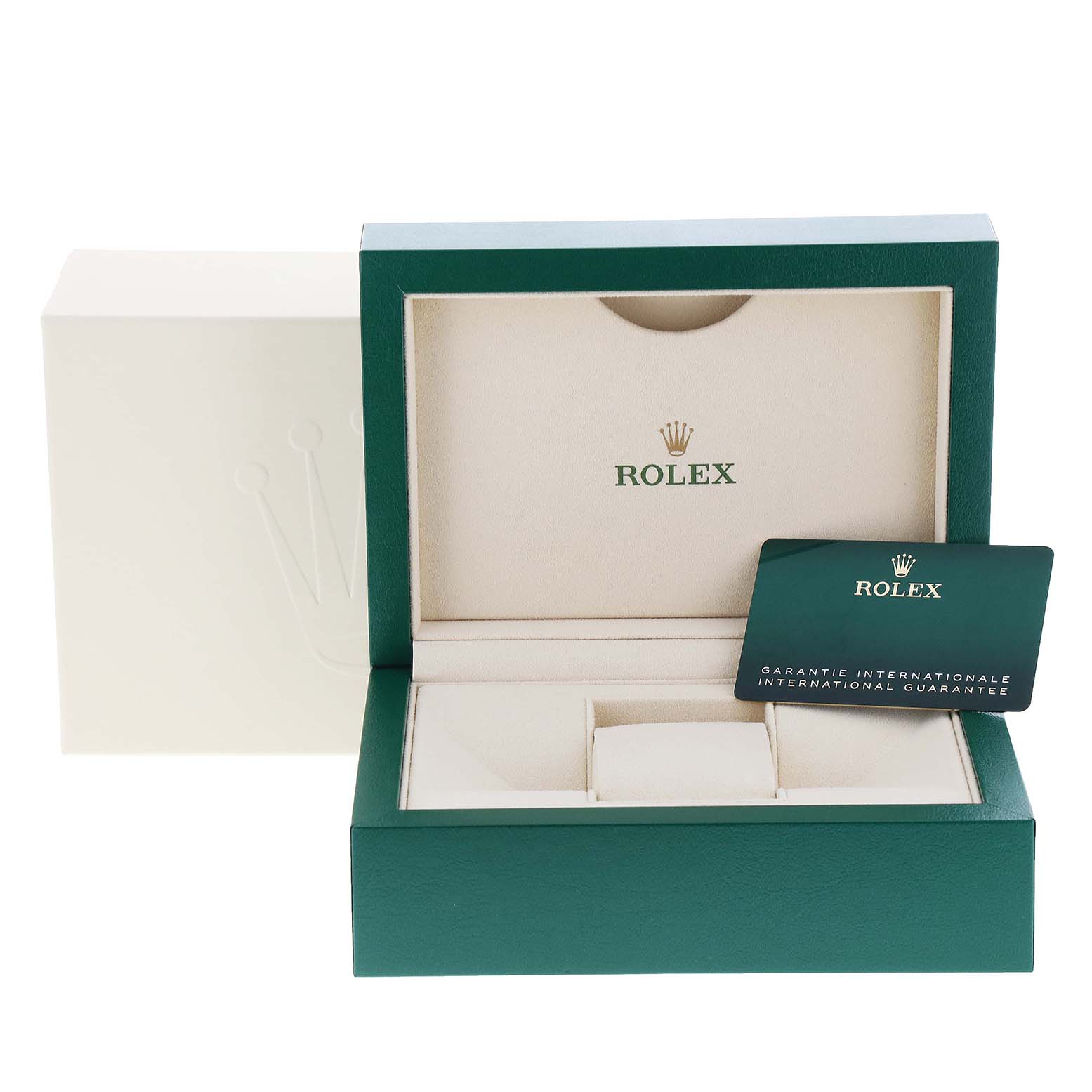The image shows the opened packaging box and warranty card for a Rolex Datejust 126201 Men's Steel and Gold (two tone) Silver Dial 126201 Men's Steel and Gold (two tone) Silver Dial watch.