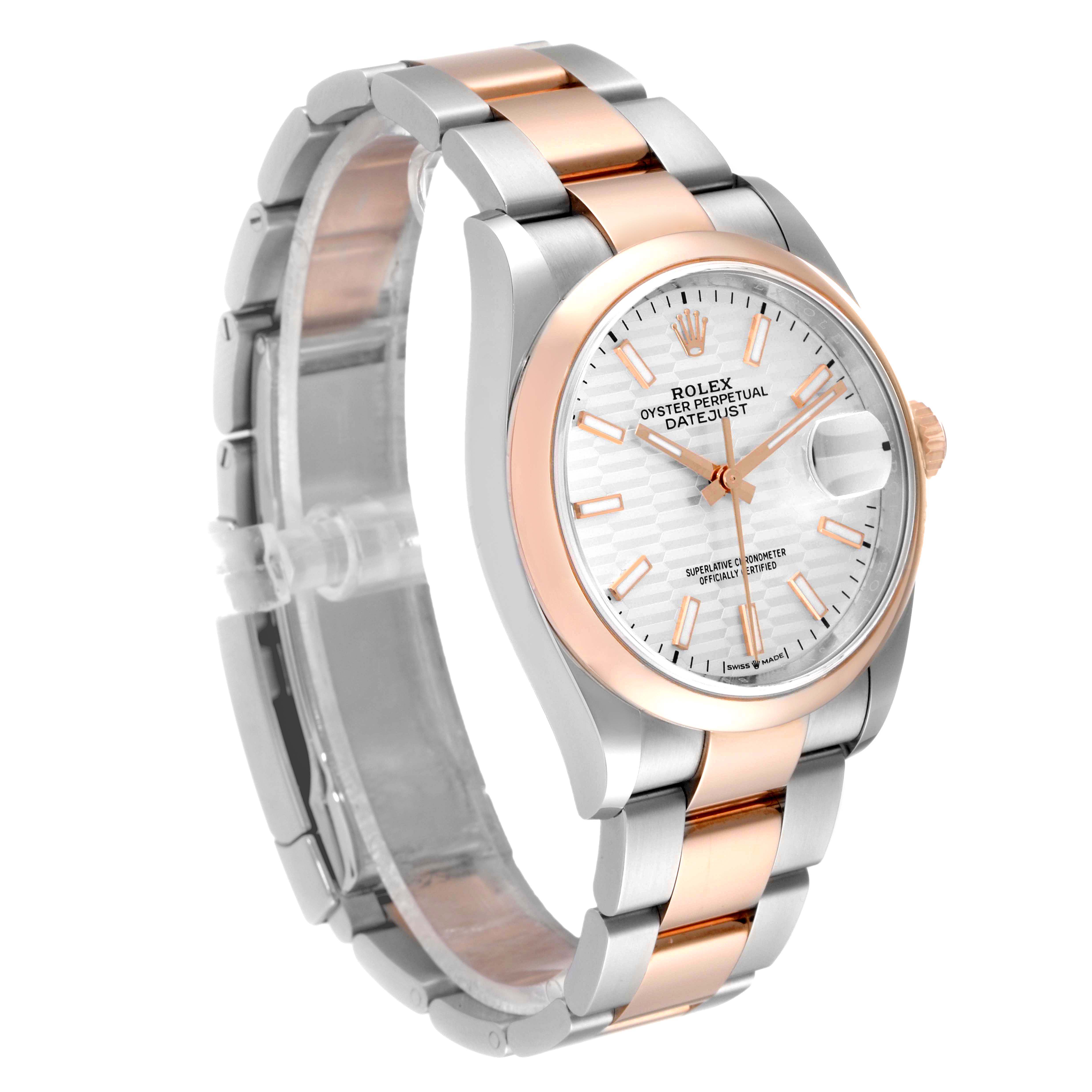 The image shows a side and front angle of the Rolex Datejust 126201 Men's Steel and Gold (two tone) Silver Dial 126201 Men's Steel and Gold (two tone) Silver Dial watch, highlighting its dial, bezel, and bracelet.