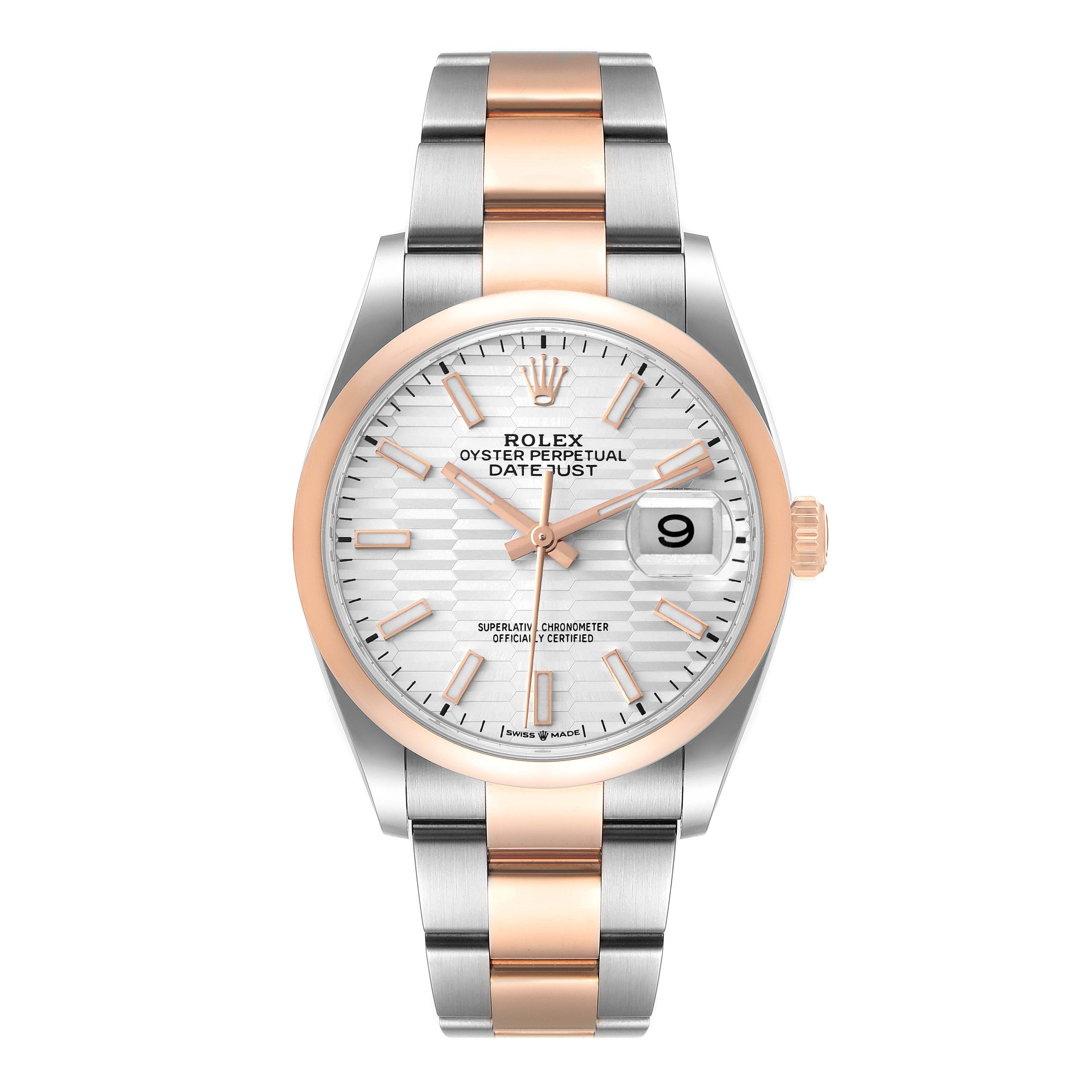 The image shows a front view of a Rolex Datejust 126201 Men's Steel and Gold (two tone) Silver Dial 126201 Men's Steel and Gold (two tone) Silver Dial watch, highlighting its dial, bezel, and two-tone bracelet.