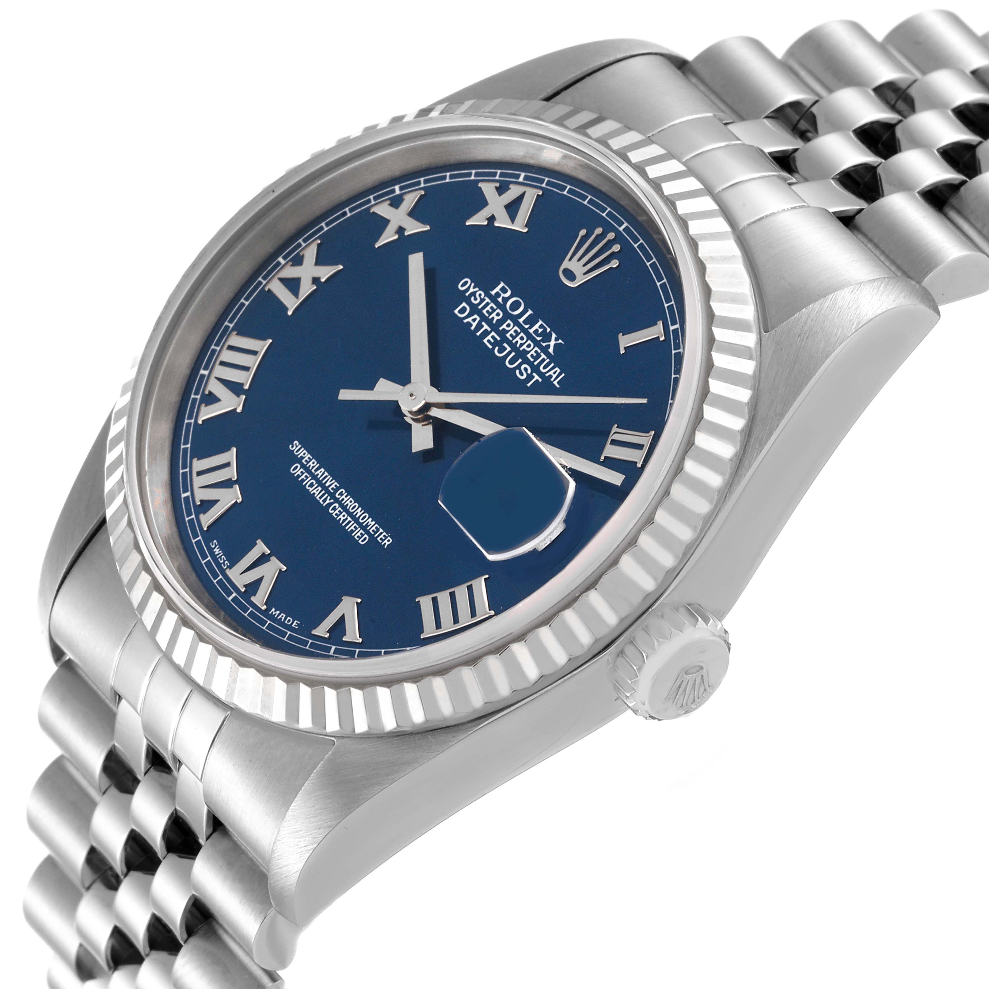This image shows a Rolex Datejust 16234 Men's Stainless Steel Blue Dial 16234 Men's Stainless Steel Blue Dial watch from an angled side view, including the face, bezel, and part of the bracelet.