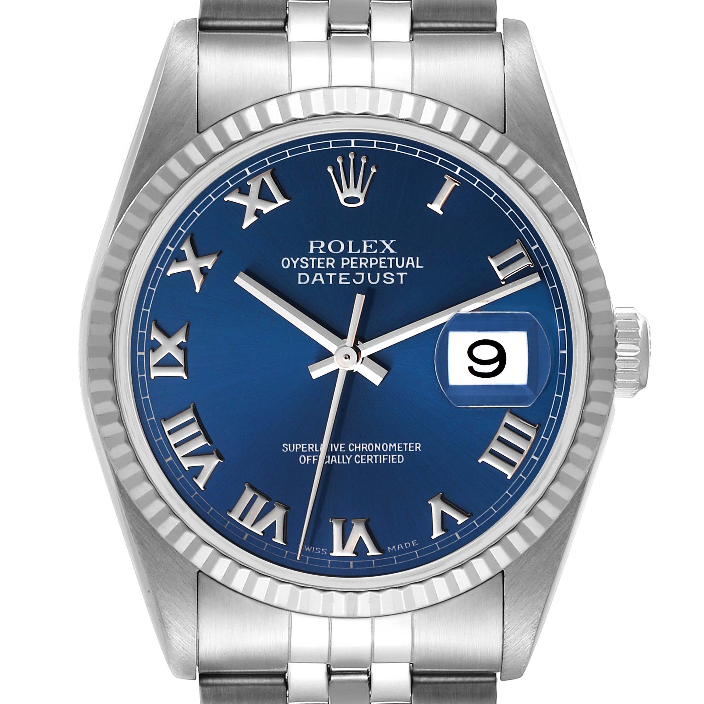This image shows a frontal view of a Rolex Datejust 16234 Men's Stainless Steel Blue Dial 16234 Men's Stainless Steel Blue Dial watch with a blue dial, Roman numerals, and date display at the 3 o'clock position.