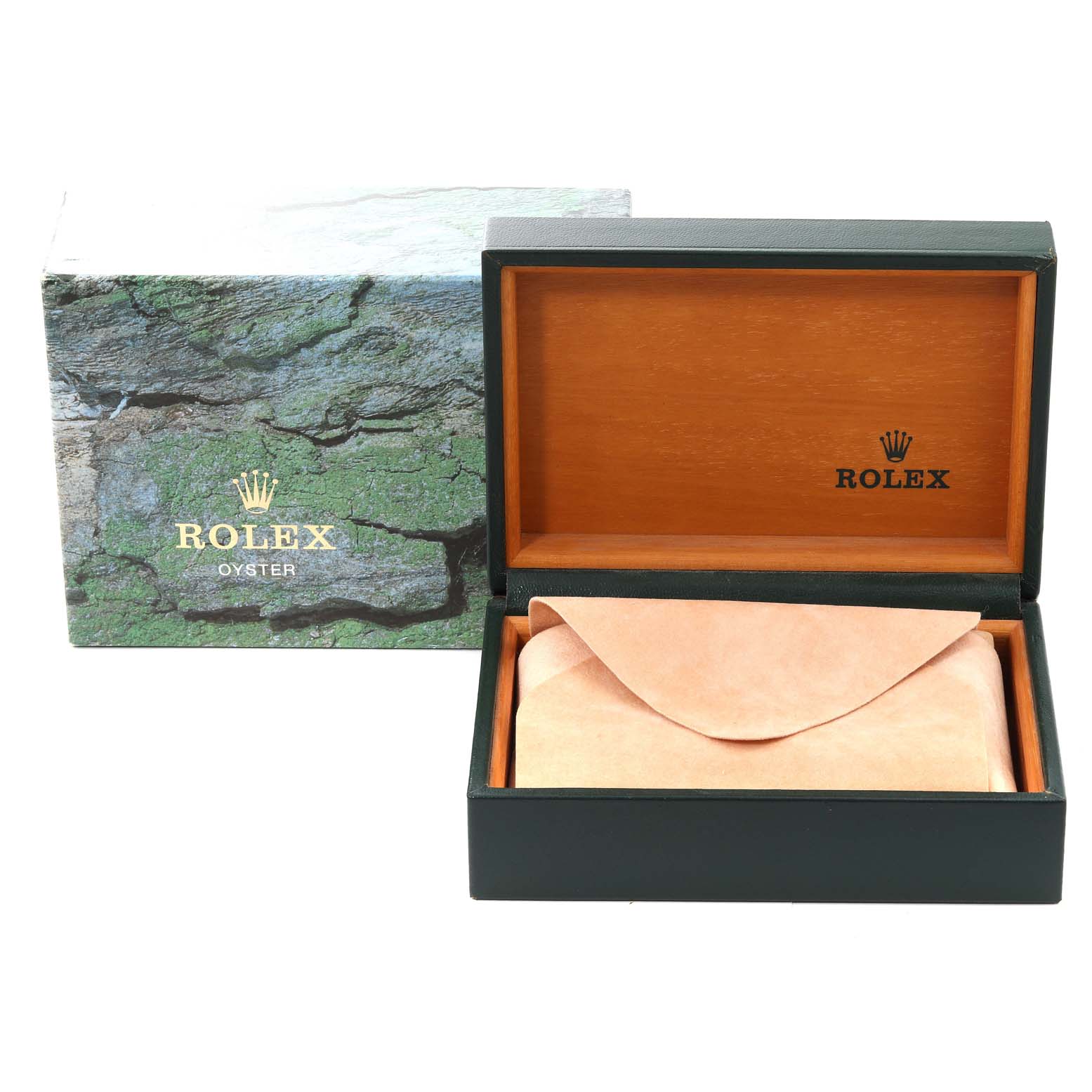 The image shows a green Rolex box and an open wooden interior box with a cushion, often used for storing the Rolex Datejust 16234 Men's Stainless Steel Blue Dial 16234 Men's Stainless Steel Blue Dial model watch.