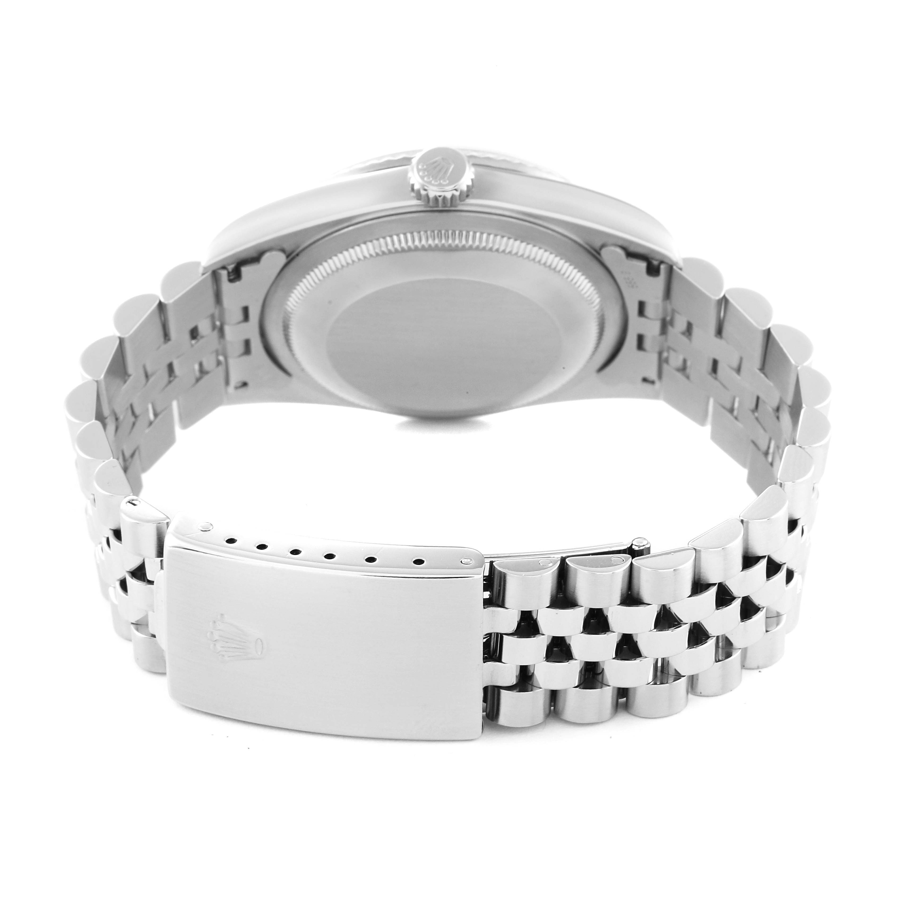 The image shows the back view of a Rolex Datejust 16234 Men's Stainless Steel Blue Dial 16234 Men's Stainless Steel Blue Dial watch, focusing on its case back, crown, and bracelet clasp.