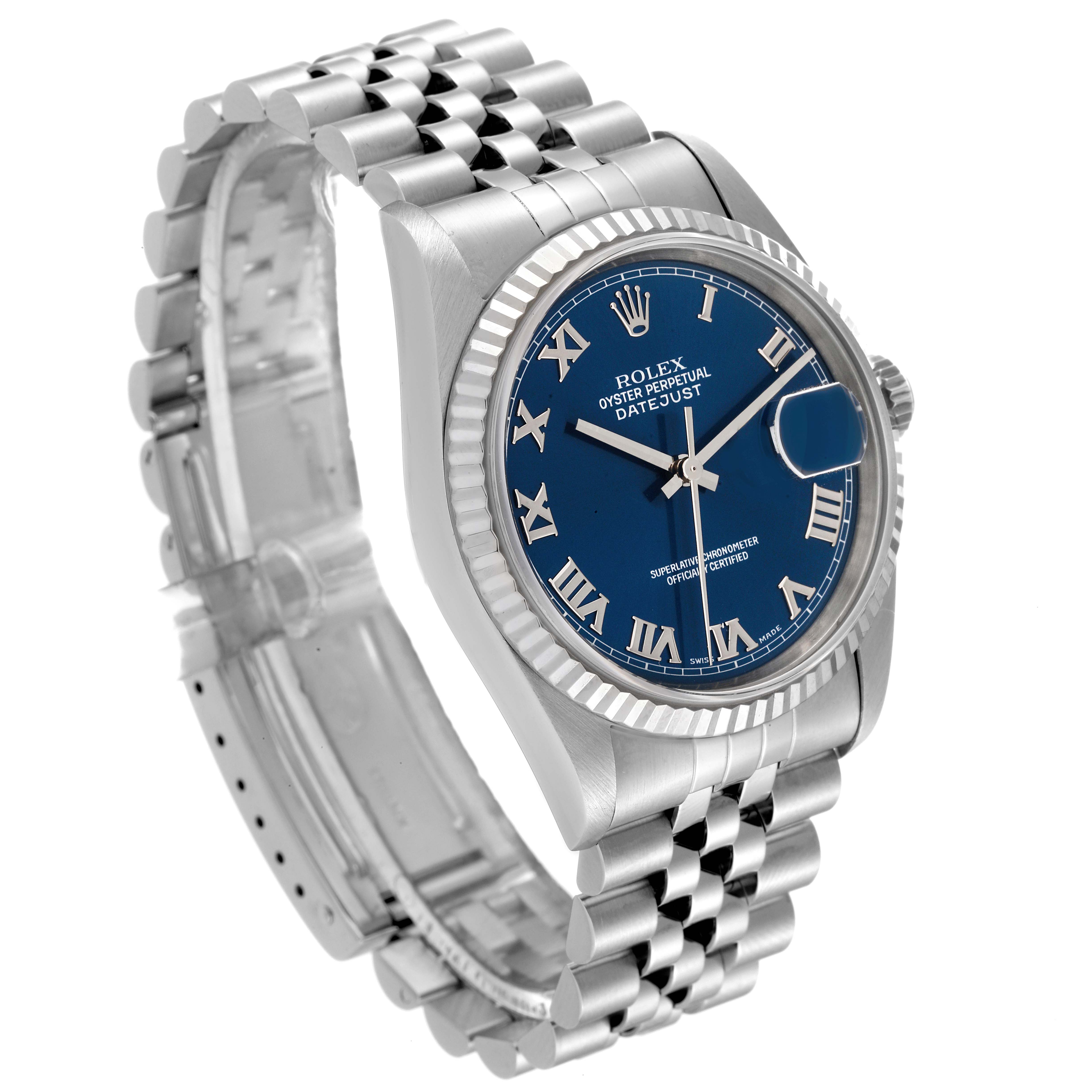 The image shows a Rolex Datejust 16234 Men's Stainless Steel Blue Dial 16234 Men's Stainless Steel Blue Dial watch from a front-left angle, displaying its blue dial, bezel, and jubilee bracelet.