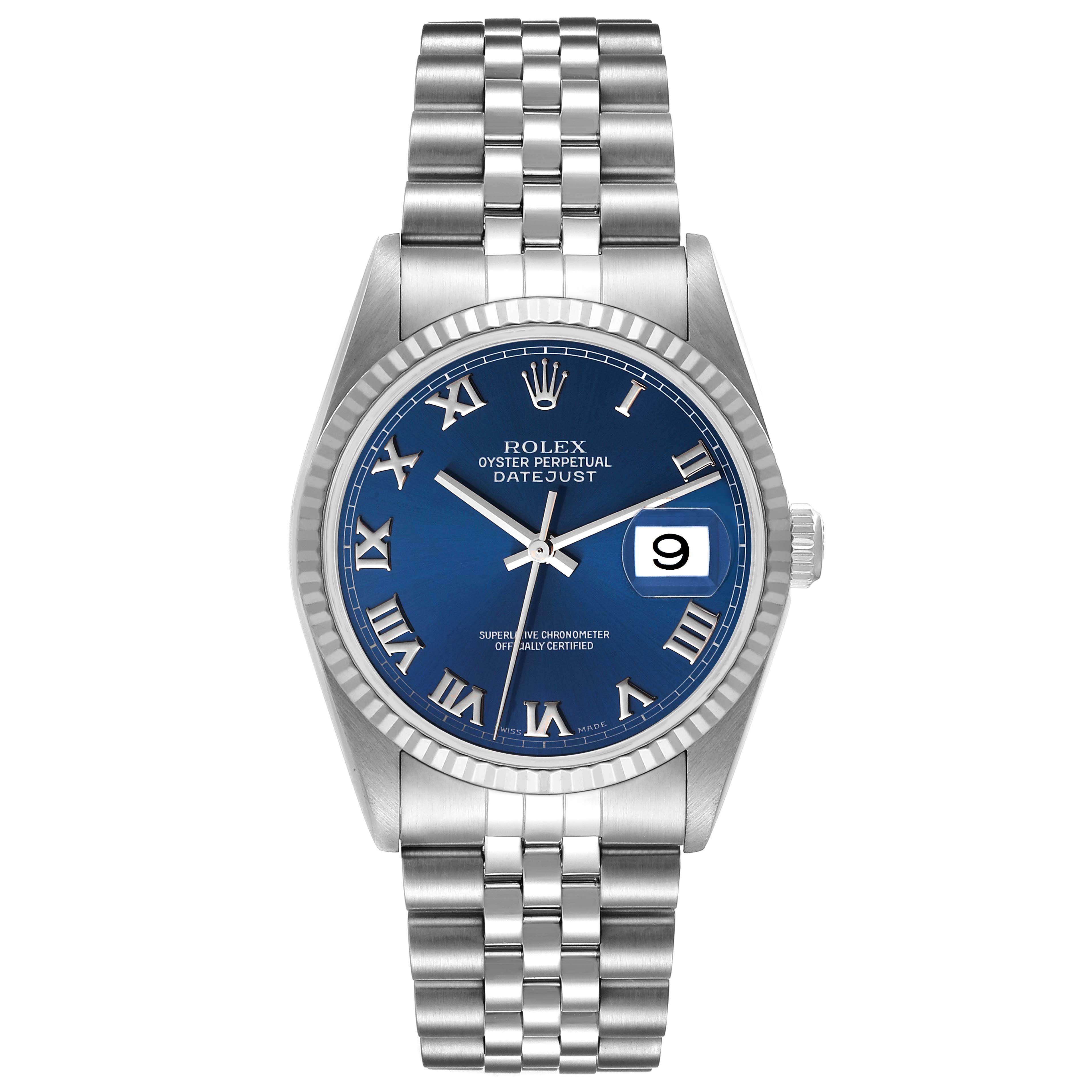 This image shows a frontal view of a Rolex Datejust 16234 Men's Stainless Steel Blue Dial 16234 Men's Stainless Steel Blue Dial watch featuring a blue dial, Roman numerals, and a Jubilee bracelet.