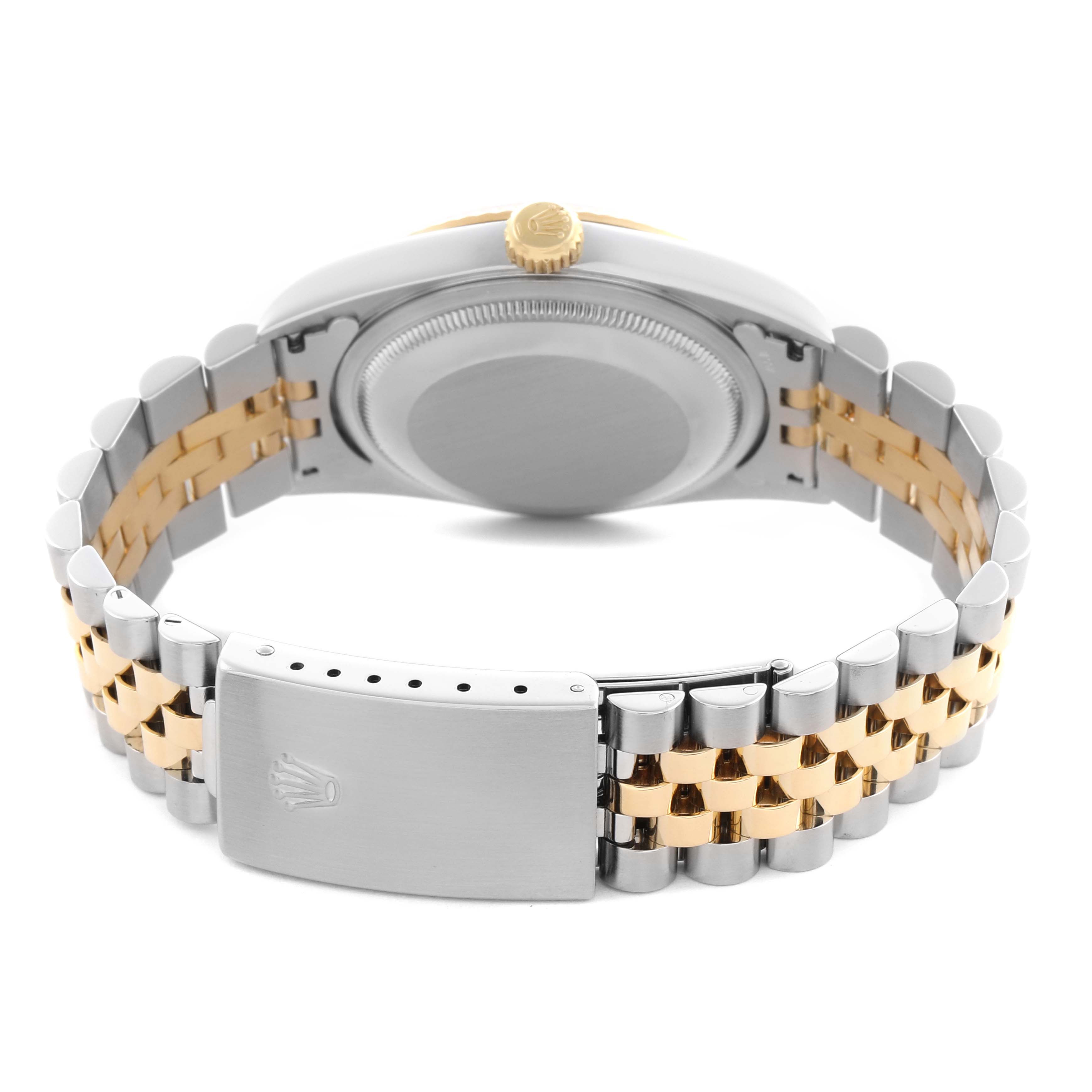 The Rolex Datejust 16233 Men's Steel and Gold (two tone) Champagne Dial 16233 Men's Steel and Gold (two tone) Champagne Dial watch is shown from the back, displaying the bracelet, case back, and clasp.