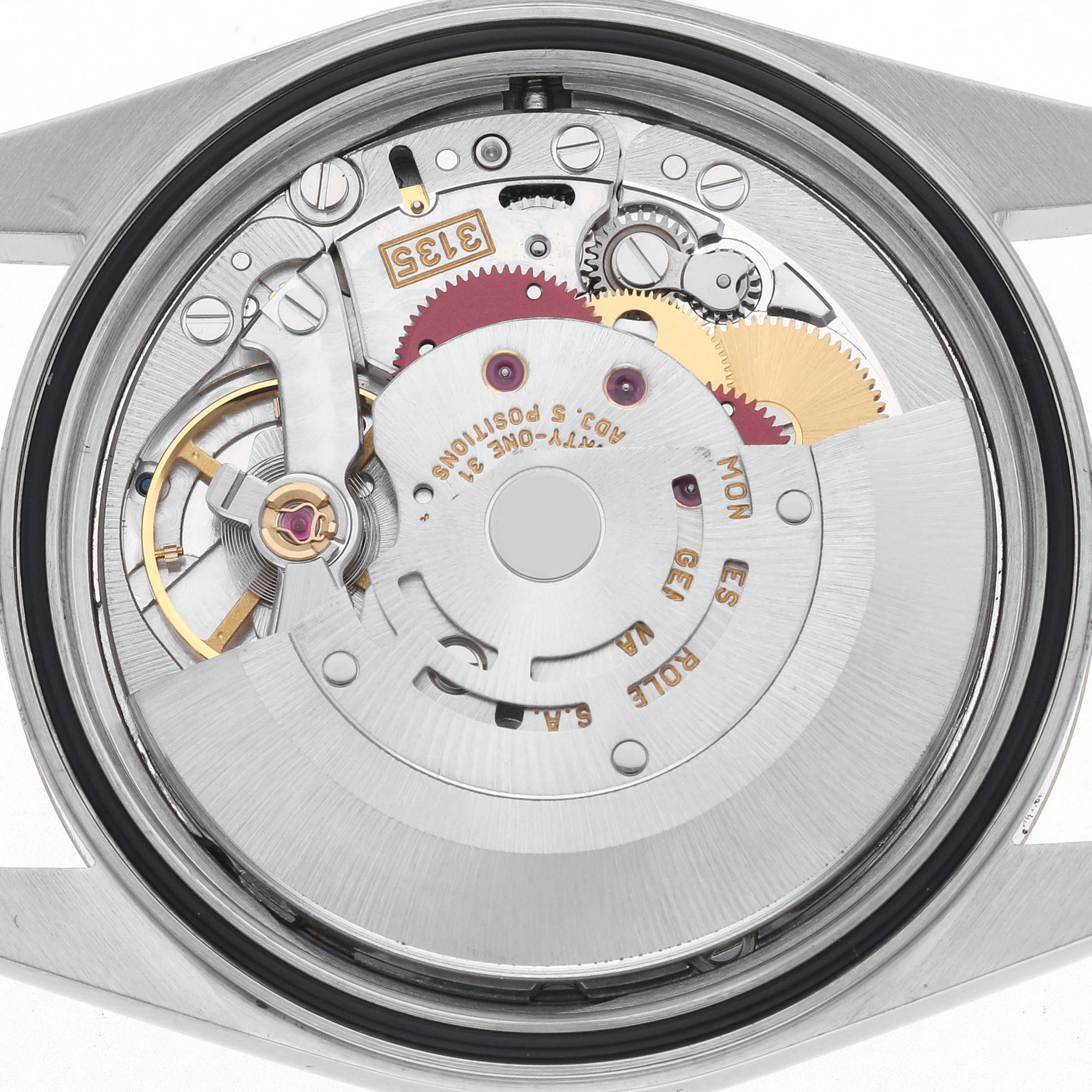 The image shows the back of a Rolex Datejust 16233 Men's Steel and Gold (two tone) Champagne Dial 16233 Men's Steel and Gold (two tone) Champagne Dial, revealing the detailed movement and internal components.