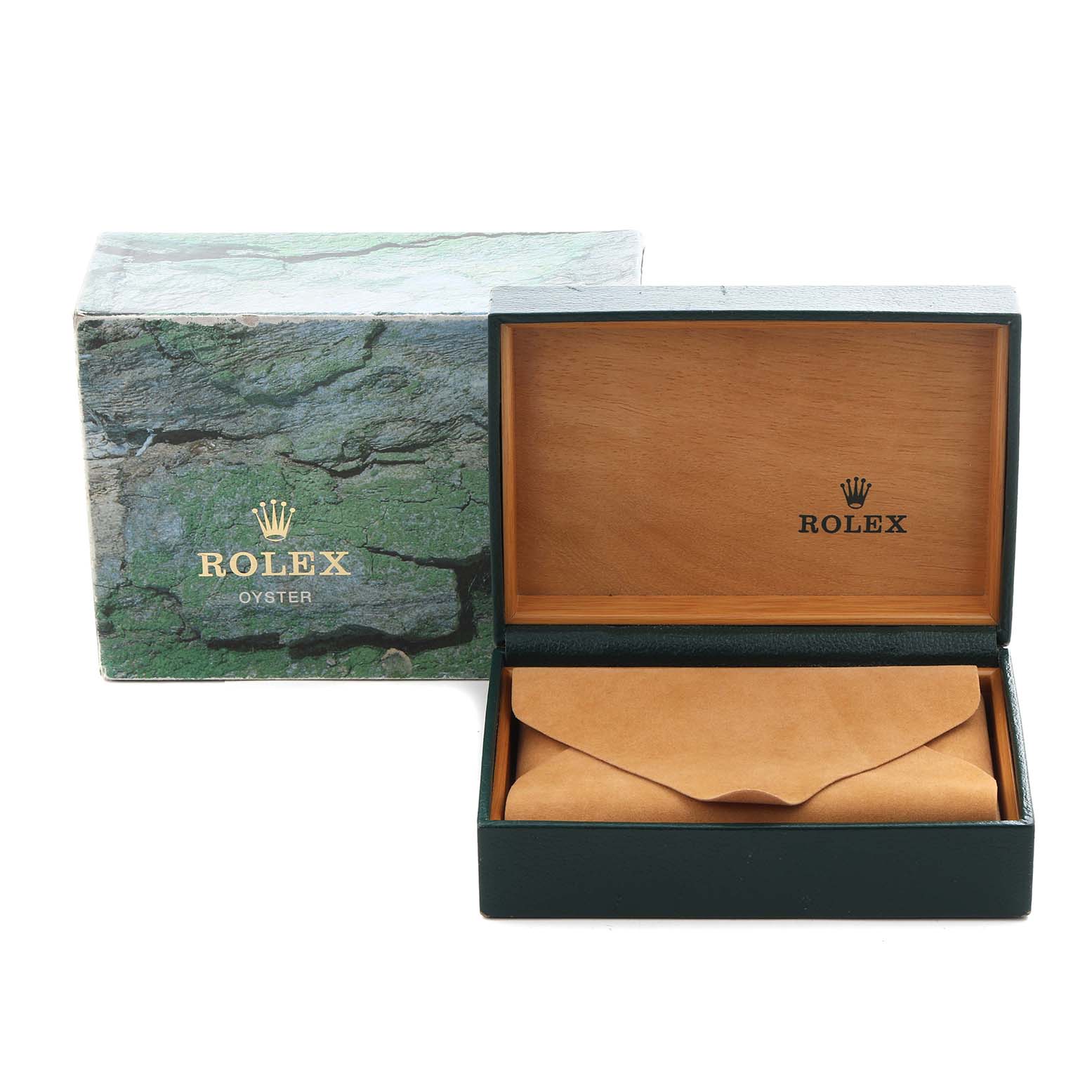 The image shows a Rolex Datejust 16233 Men's Steel and Gold (two tone) Champagne Dial 16233 Men's Steel and Gold (two tone) Champagne Dial watch box, partially open with a brown pouch inside, placed beside its green outer box.