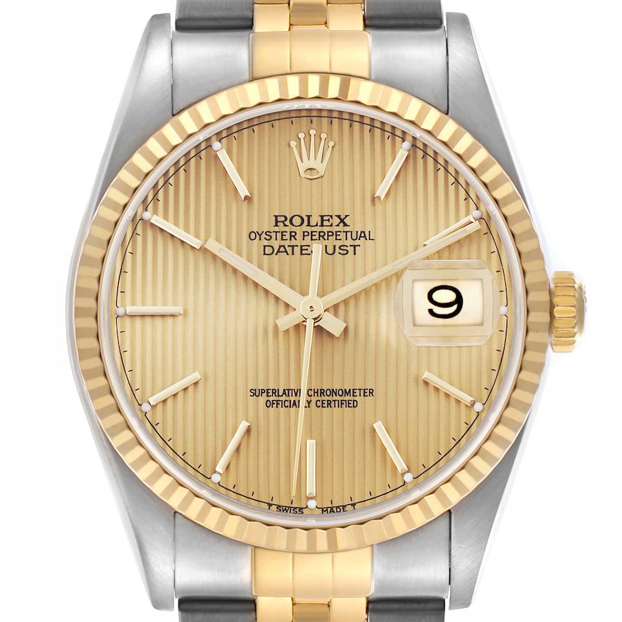 The Rolex Datejust is shown from a top-down angle, featuring the dial, fluted bezel, and part of the bracelet.