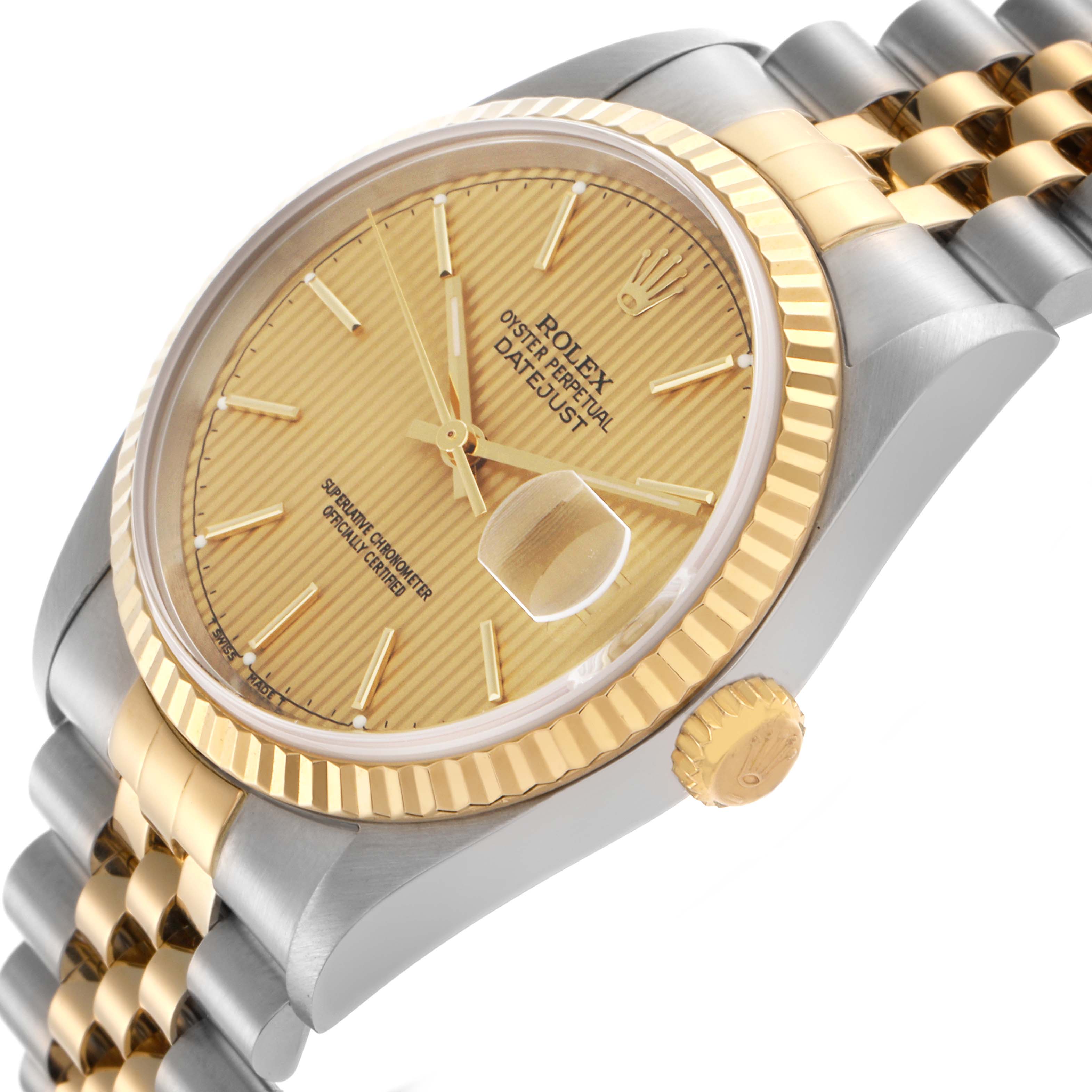 The Rolex Datejust 16233 Men's Steel and Gold (two tone) Champagne Dial 16233 Men's Steel and Gold (two tone) Champagne Dial watch is shown at an angled view highlighting its gold dial, fluted bezel, crown, and two-tone bracelet.