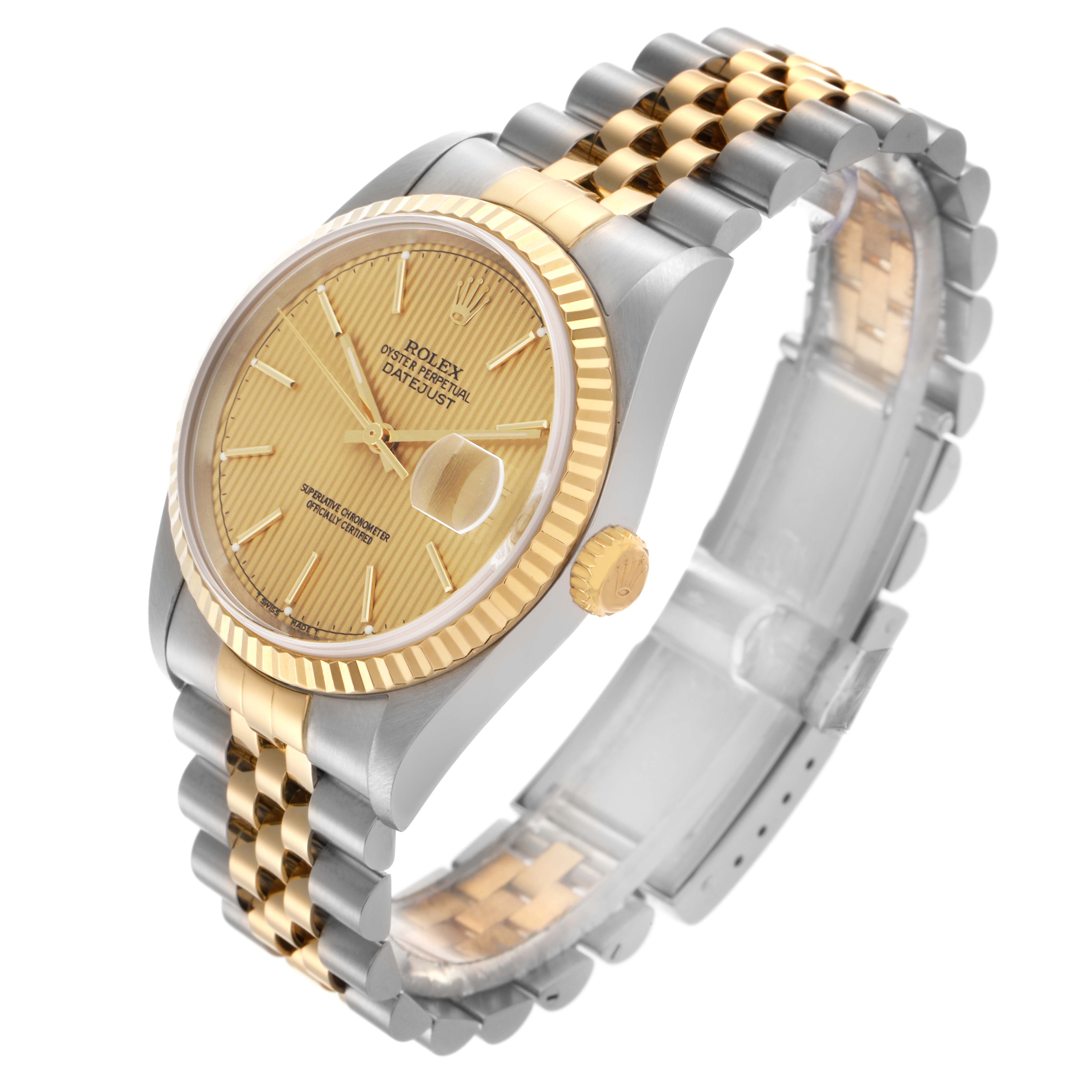 The Rolex Datejust 16233 Men's Steel and Gold (two tone) Champagne Dial 16233 Men's Steel and Gold (two tone) Champagne Dial watch is shown at an angled side view, highlighting the dial, fluted bezel, crown, and two-tone bracelet.