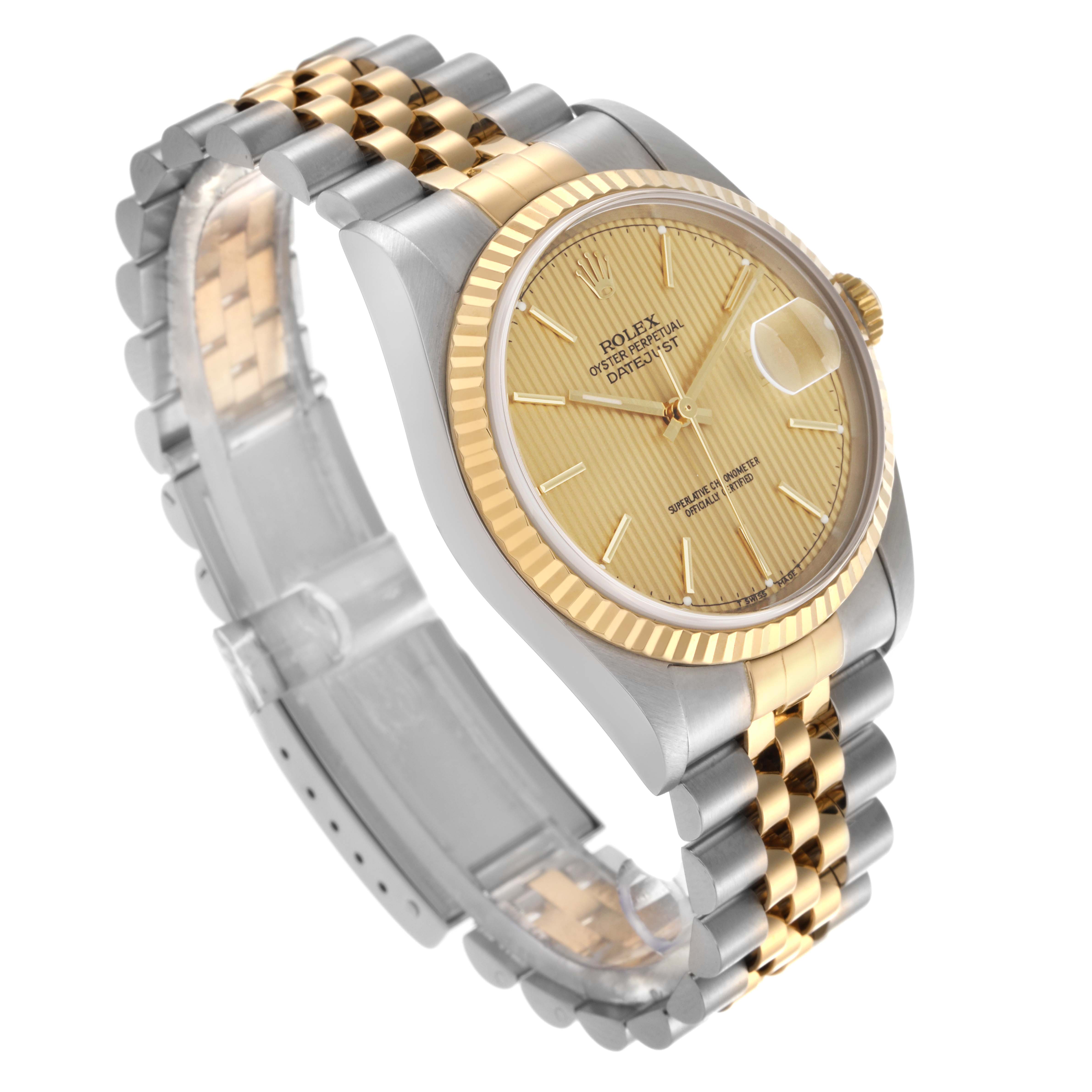 The Rolex Datejust 16233 Men's Steel and Gold (two tone) Champagne Dial 16233 Men's Steel and Gold (two tone) Champagne Dial watch is shown at an angled view, highlighting the champagne dial, fluted bezel, and two-tone Jubilee bracelet.