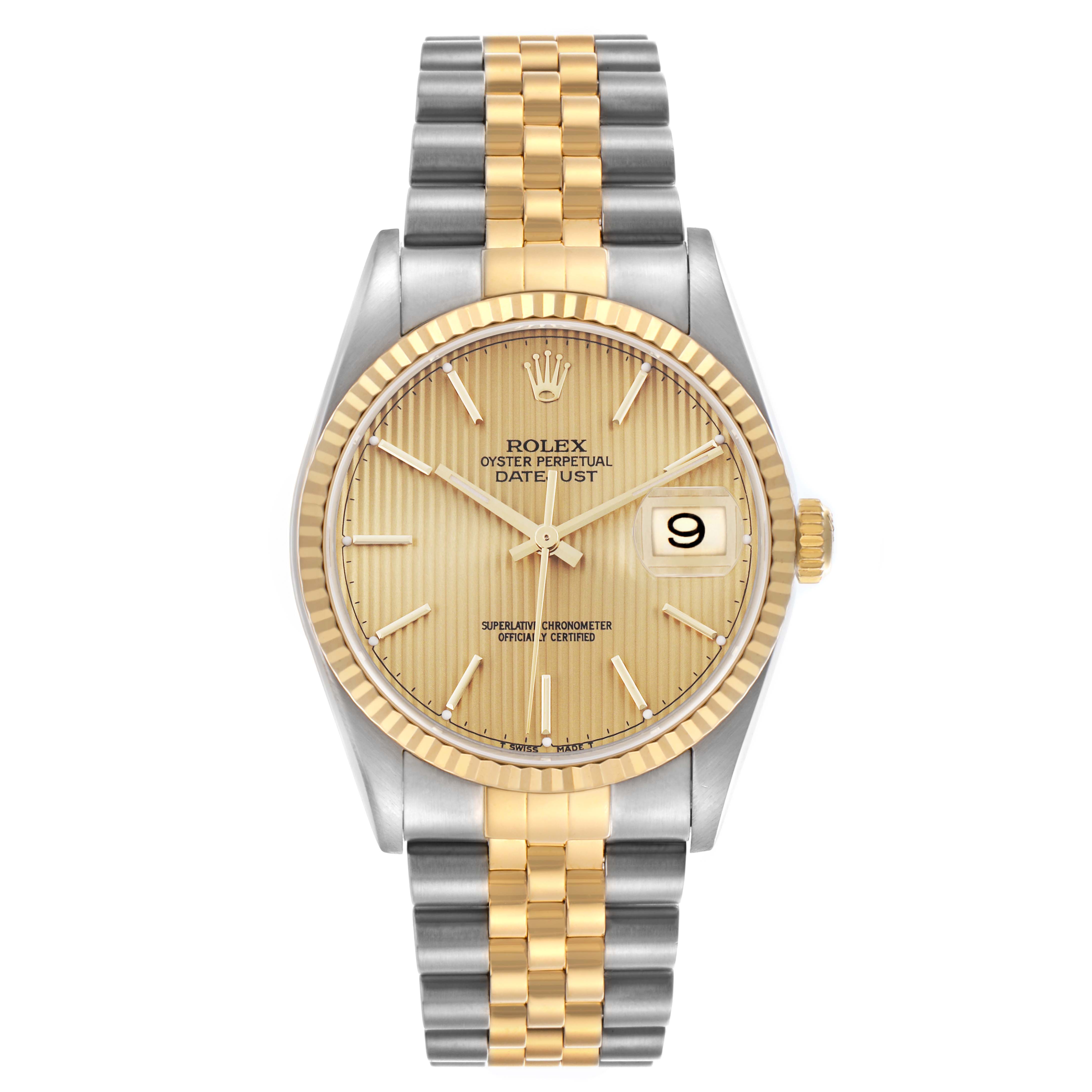The Rolex Datejust 16233 Men's Steel and Gold (two tone) Champagne Dial 16233 Men's Steel and Gold (two tone) Champagne Dial watch is shown from a front angle, highlighting its gold and silver bracelet, fluted bezel, and date display.