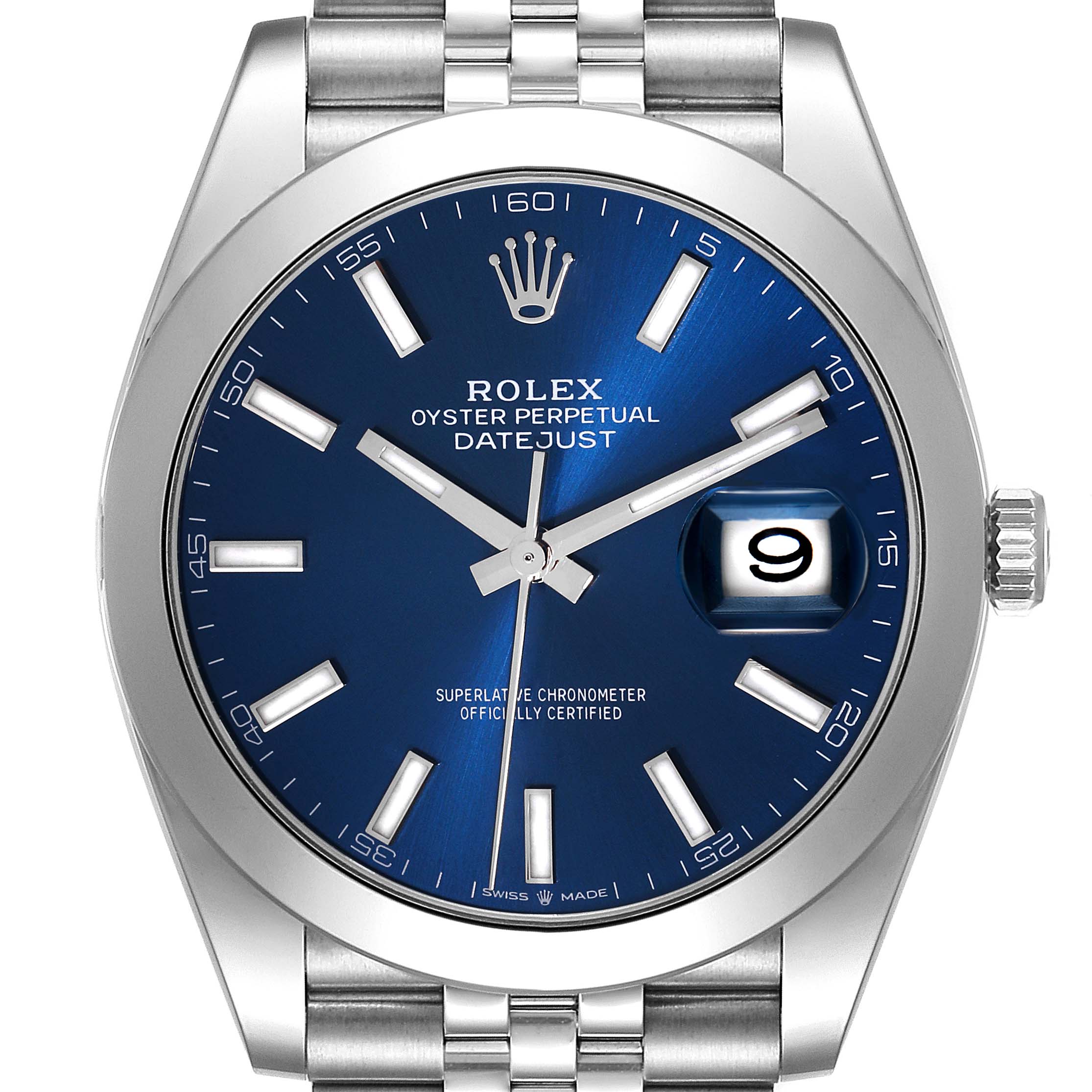 The image shows a front view of a Rolex Datejust 41 126300 Men
s Stainless Steel Blue Dial 126300 Men
s Stainless Steel Blue Dial watch, highlighting the blue dial, date window, and bracelet.