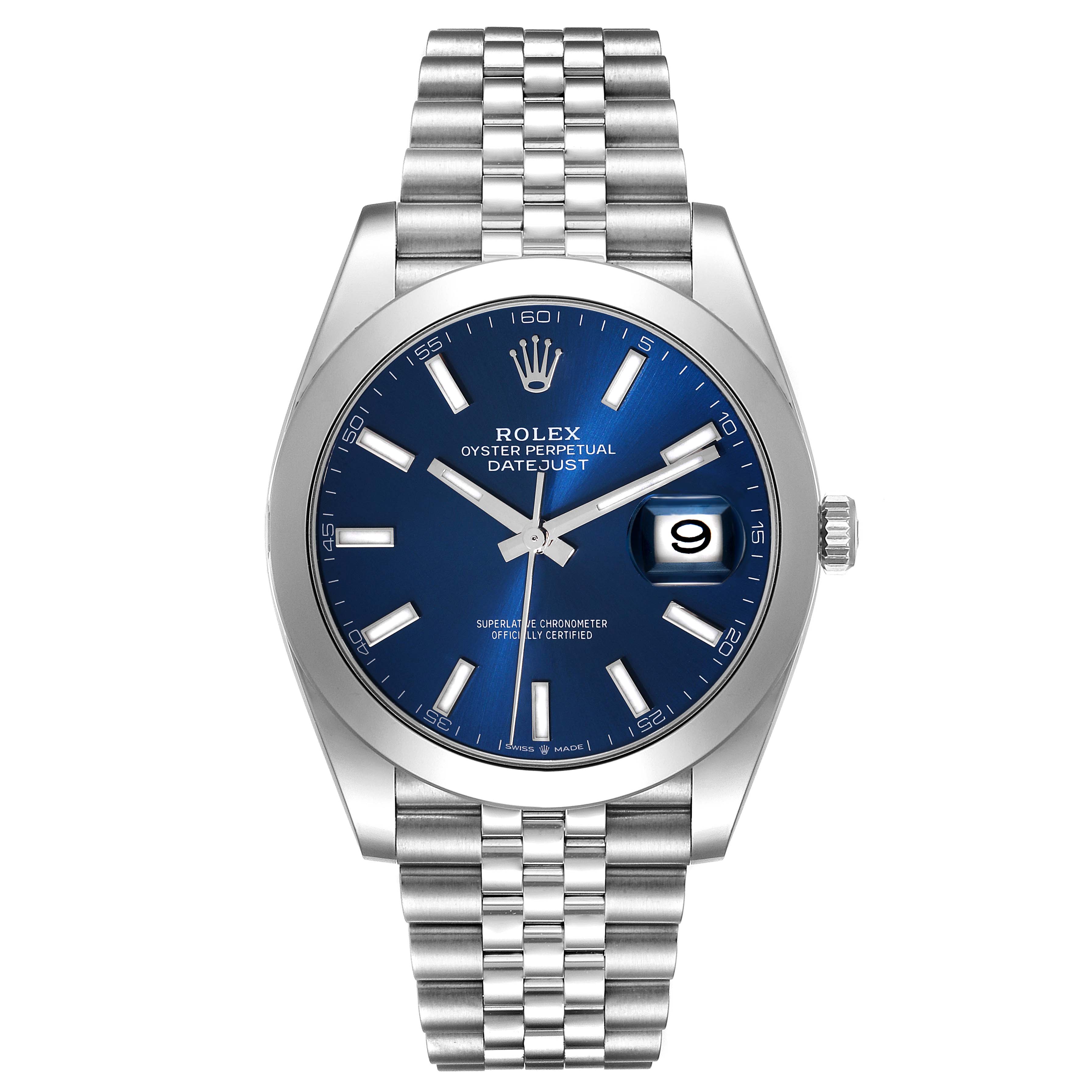 The image shows a front view of a Rolex Datejust 41 126300 Men
s Stainless Steel Blue Dial 126300 Men
s Stainless Steel Blue Dial watch with a blue dial and stainless steel bracelet.