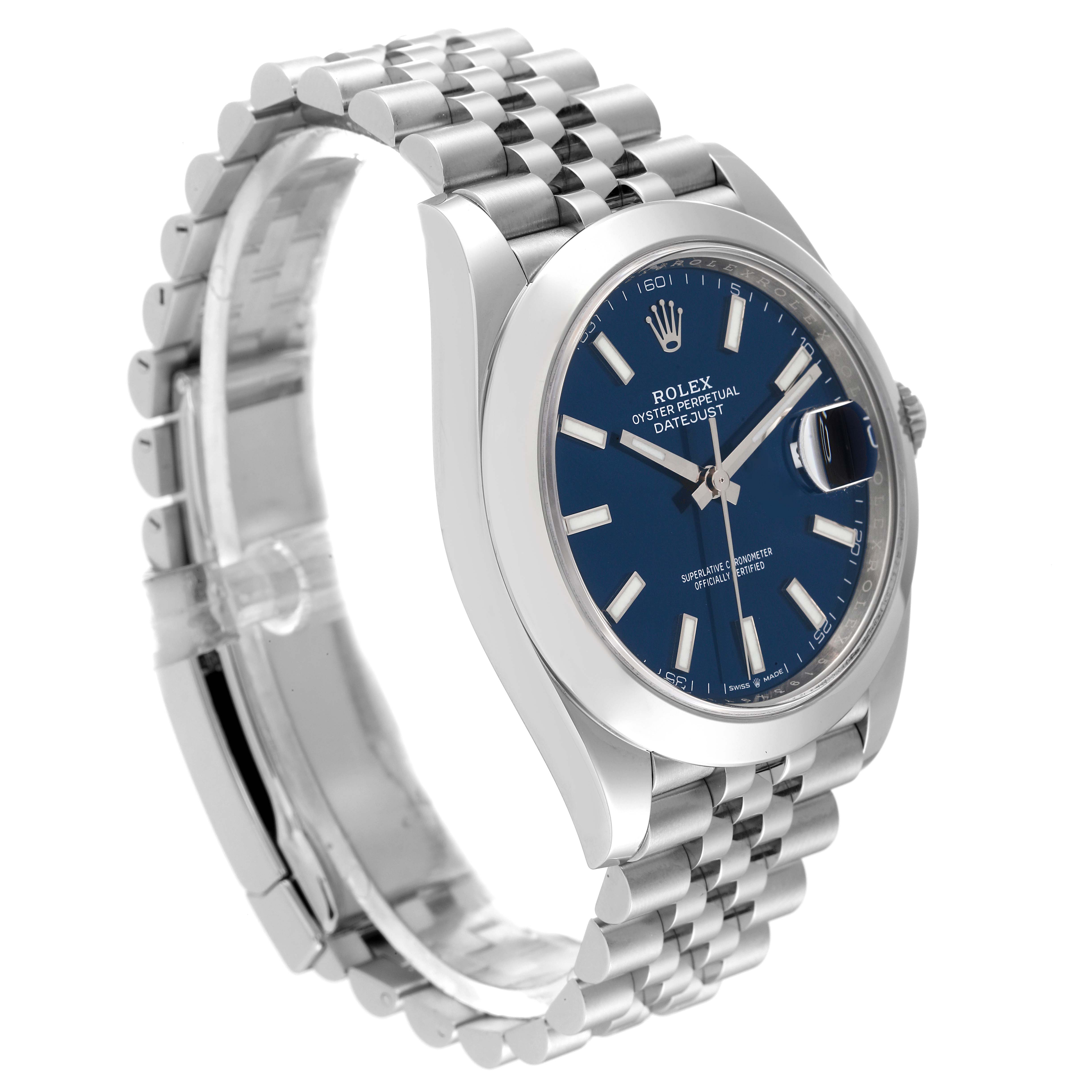 The image shows a side angle of the Rolex Datejust 41 126300 Men
s Stainless Steel Blue Dial 126300 Men
s Stainless Steel Blue Dial watch, highlighting its face, bezel, and Jubilee bracelet.