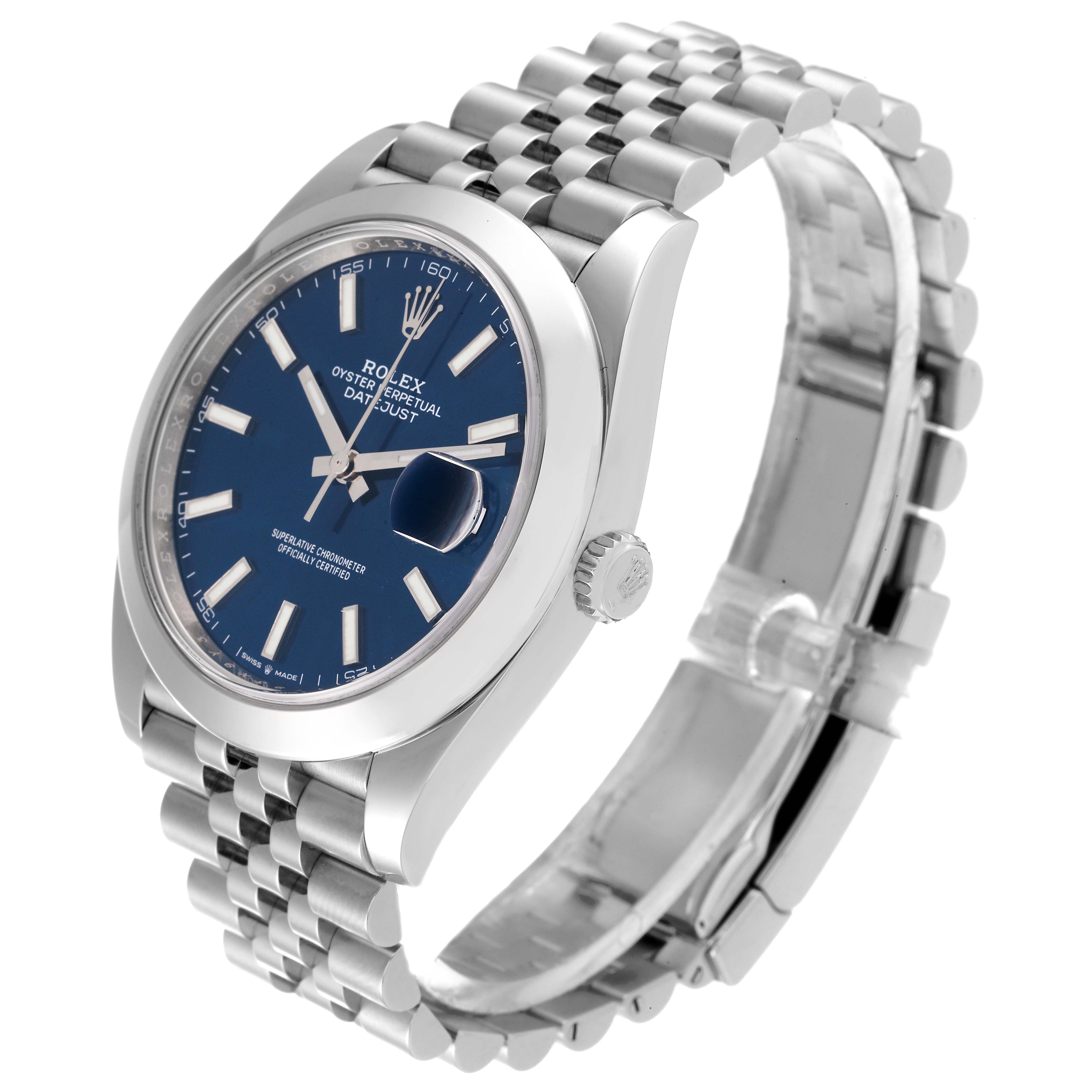 The image shows a Rolex Datejust 41 126300 Men
s Stainless Steel Blue Dial 126300 Men
s Stainless Steel Blue Dial watch angled slightly from the front, displaying the dial, bezel, crown, and part of the bracelet.