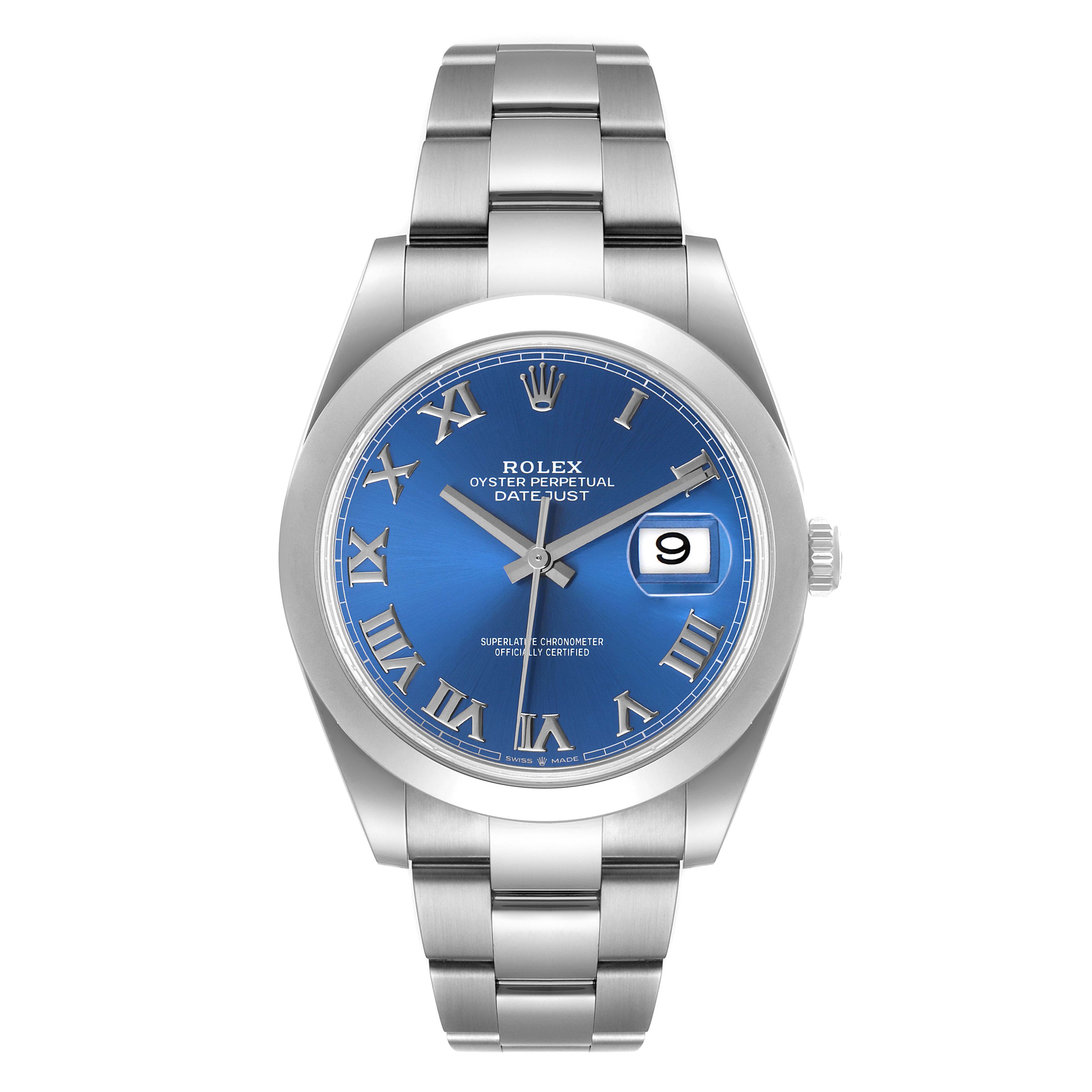 The image shows a front view of the Rolex Datejust 41 126300 Men's Stainless Steel Blue Dial 126300 Men's Stainless Steel Blue Dial watch, displaying its blue dial, Roman numeral indices, and stainless steel bracelet.
