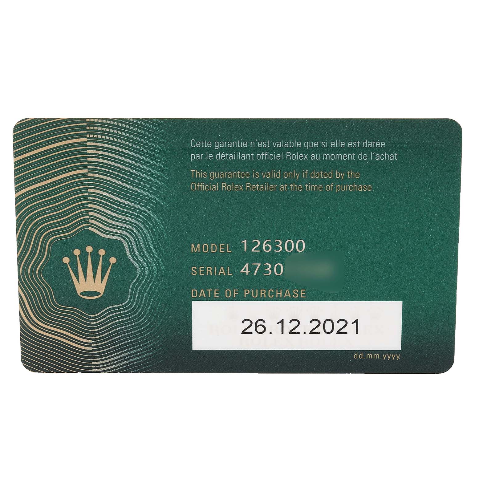 This image shows the warranty card for the Rolex Datejust 41 126300 Men's Stainless Steel Blue Dial 126300 Men's Stainless Steel Blue Dial model.