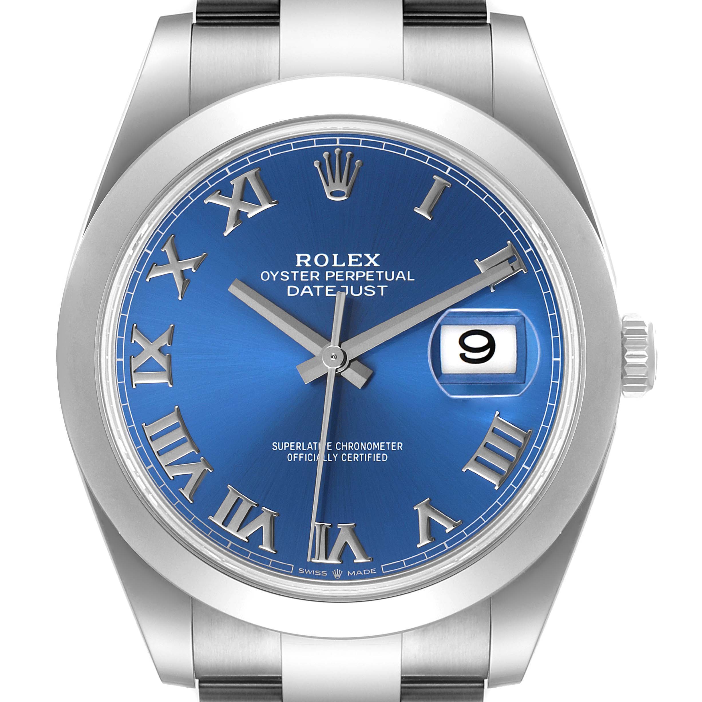 This image shows a front view of the Rolex Datejust 41 126300 Men's Stainless Steel Blue Dial 126300 Men's Stainless Steel Blue Dial model, highlighting the blue dial, Roman numerals, and date window.