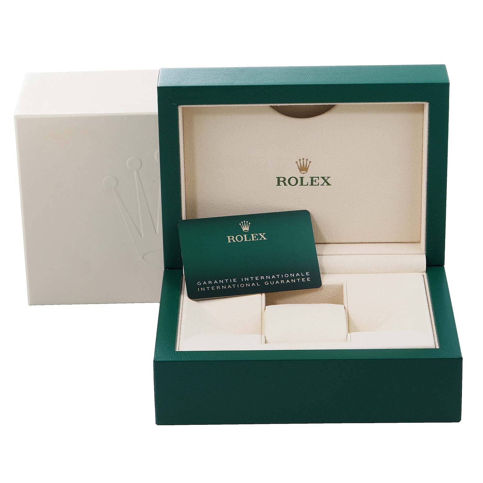 This image shows the open presentation box and international guarantee card for the Rolex Datejust 41 126300 Men's Stainless Steel Blue Dial 126300 Men's Stainless Steel Blue Dial model.