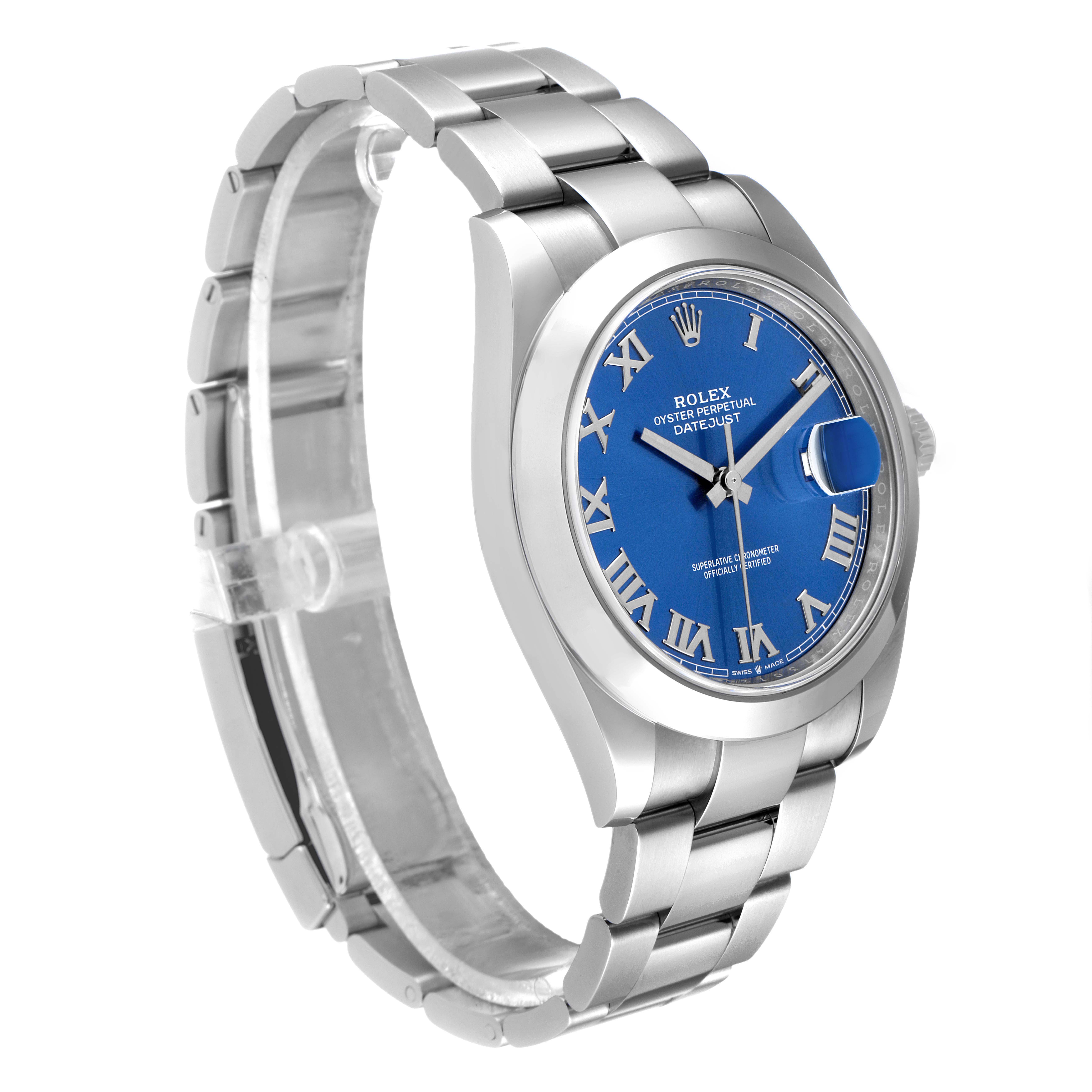 This image shows a Rolex Datejust 41 126300 Men's Stainless Steel Blue Dial 126300 Men's Stainless Steel Blue Dial watch at a three-quarter front angle, displaying the face, bezel, and part of the bracelet.