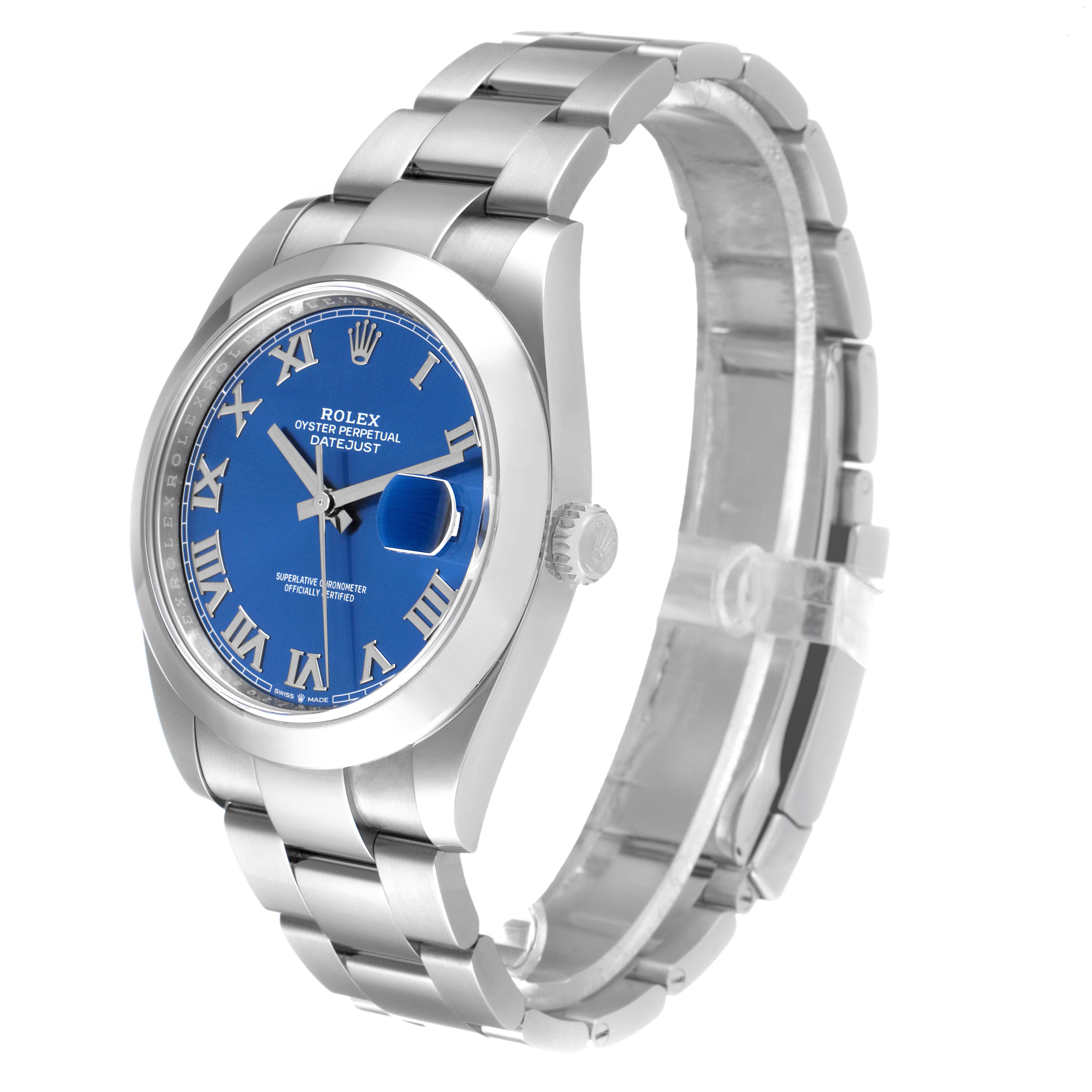 The Rolex Datejust 41 126300 Men's Stainless Steel Blue Dial 126300 Men's Stainless Steel Blue Dial is shown at a three-quarter angle displaying the face, bezel, crown, and partial bracelet.