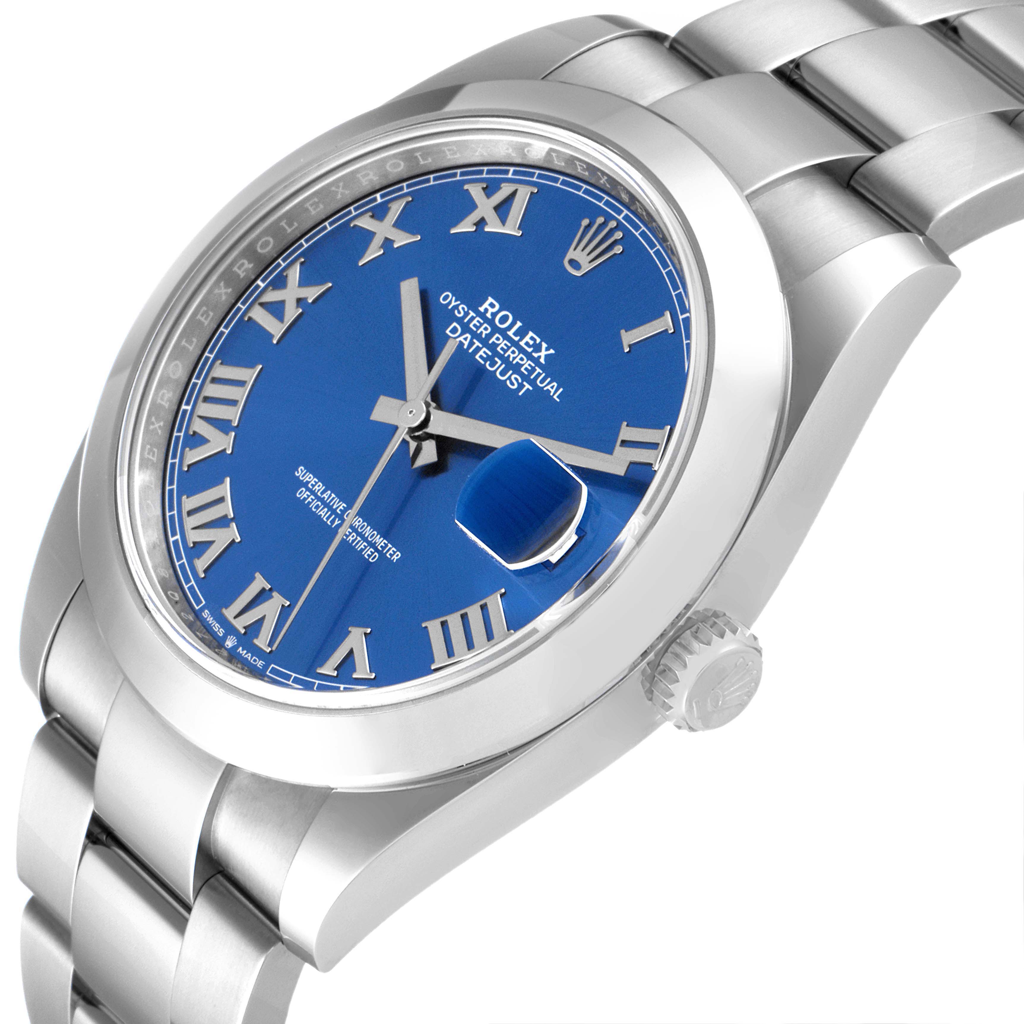 This image shows a close-up angle of the Rolex Datejust 41 126300 Men's Stainless Steel Blue Dial 126300 Men's Stainless Steel Blue Dial model, highlighting its blue dial, Roman numerals, and part of its bracelet.