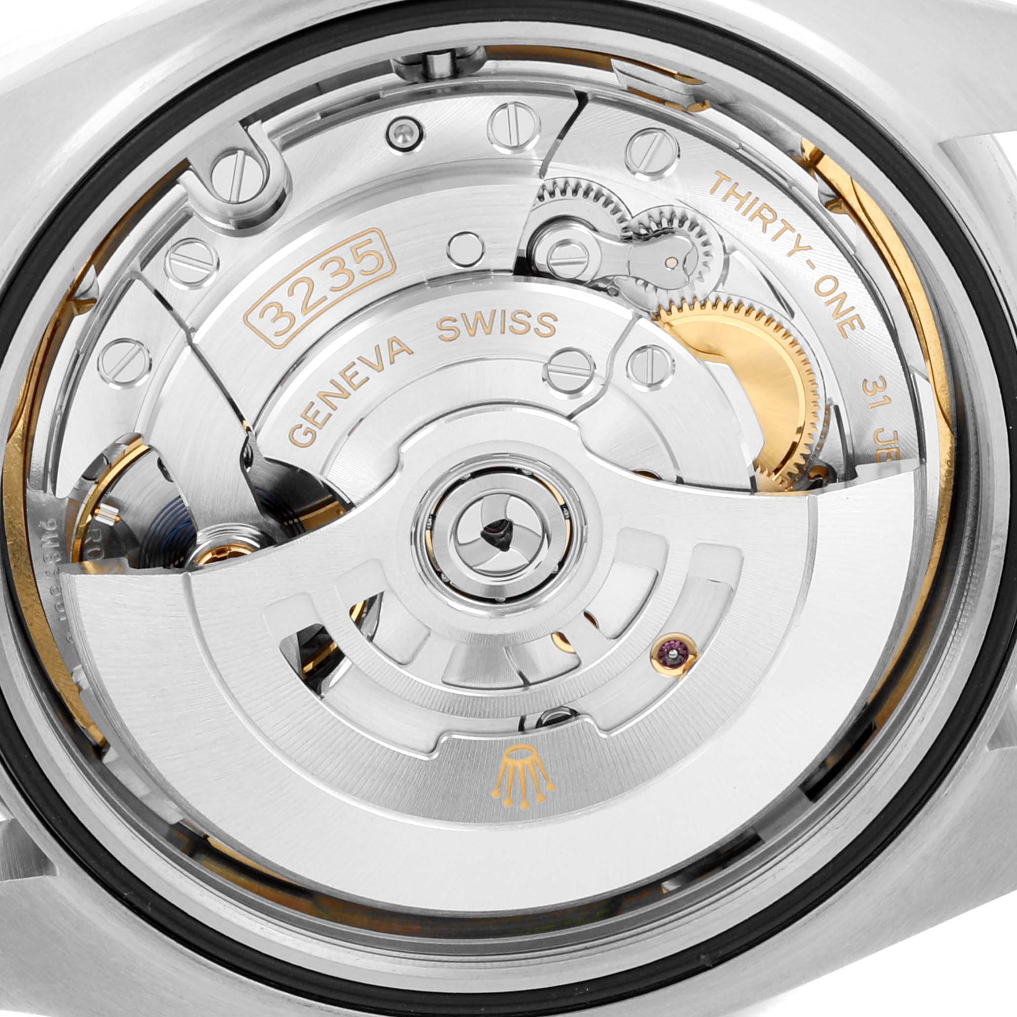 The image shows the case back and intricate movement mechanism of the Rolex Datejust 41 126300 Men's Stainless Steel Blue Dial 126300 Men's Stainless Steel Blue Dial watch.