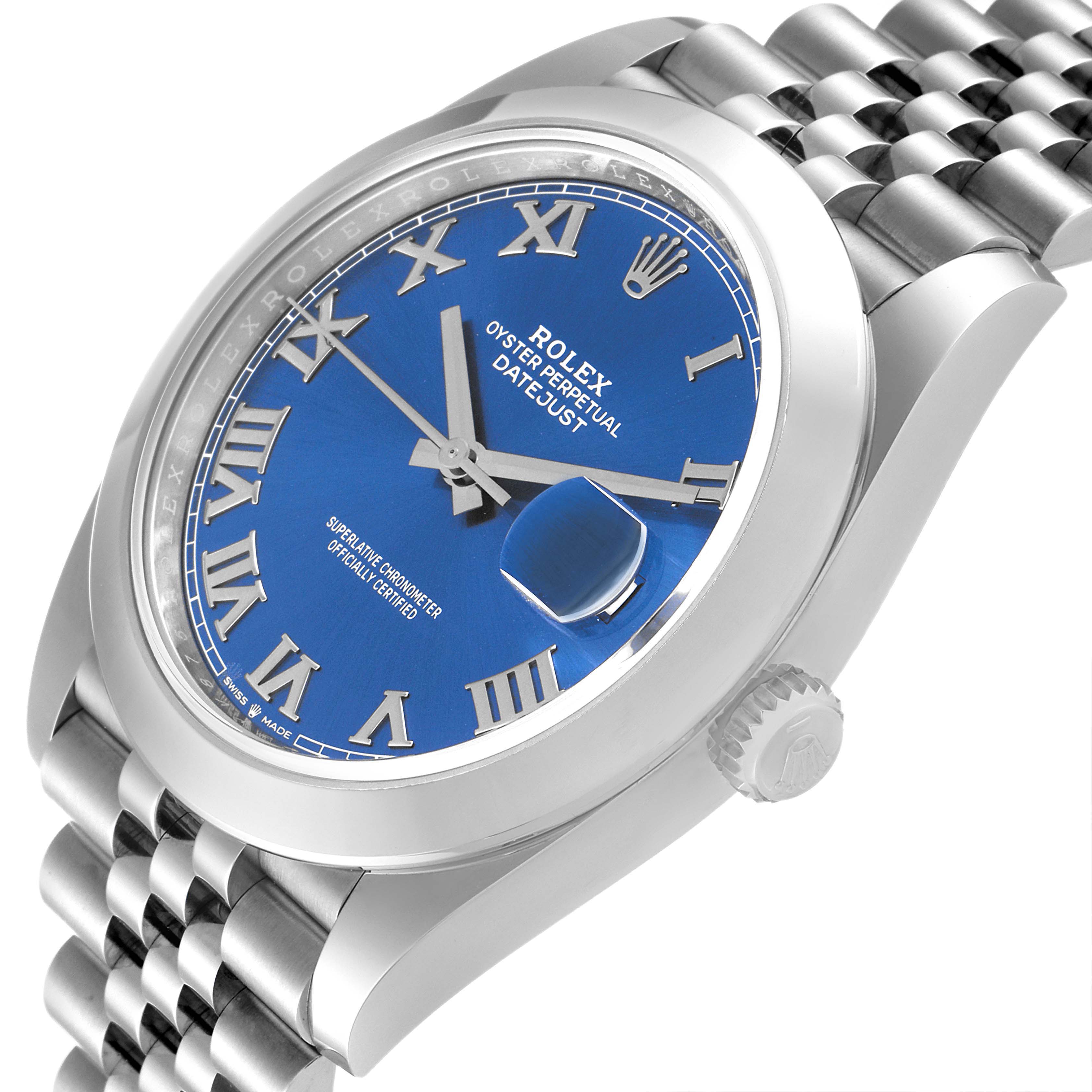 The image shows a close-up, angled view of the Rolex Datejust 41 126300 Men
s Stainless Steel Blue Dial 126300 Men
s Stainless Steel Blue Dial watch, highlighting its blue dial, Roman numerals, and partially its bracelet.