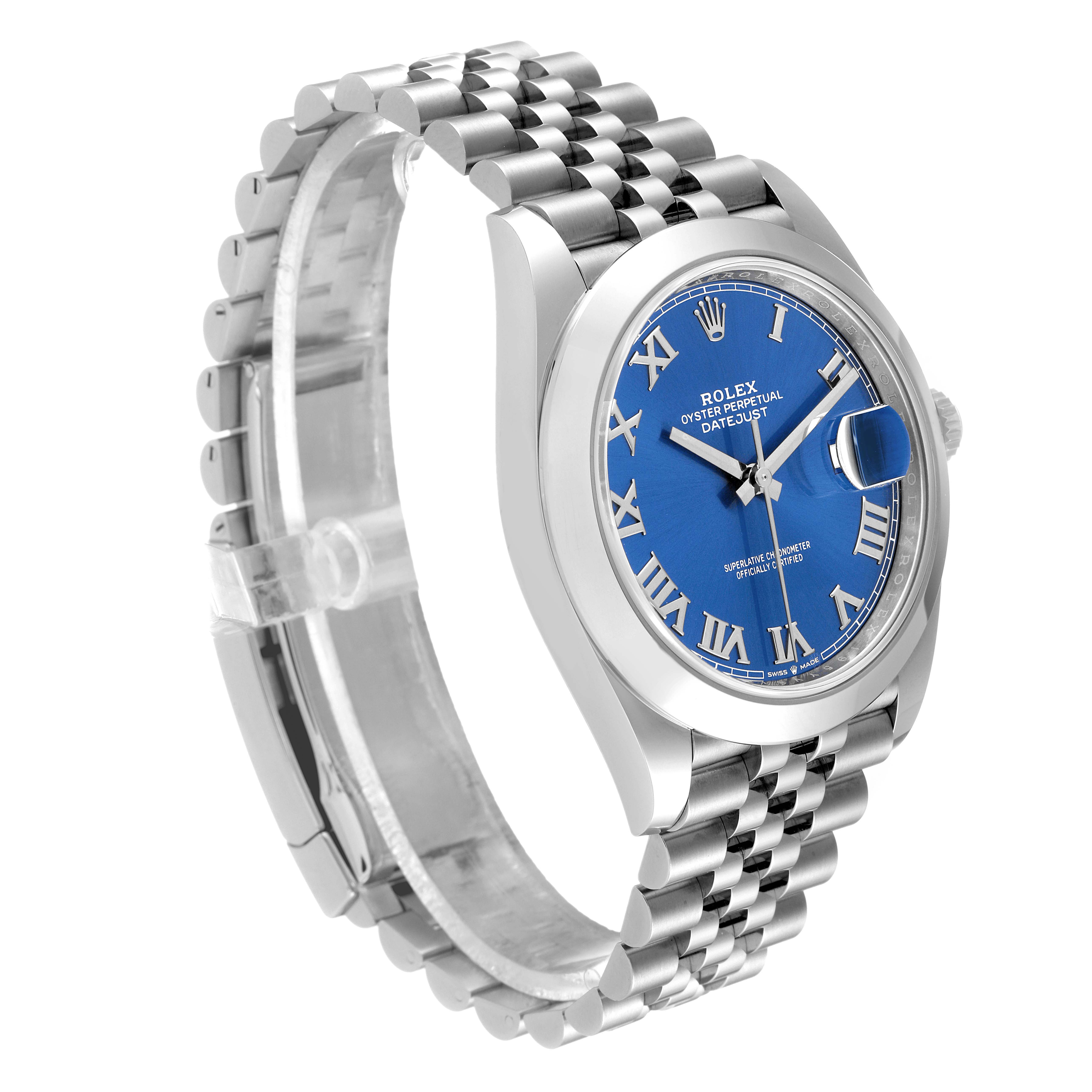 The image shows a side angle of the Rolex Datejust 41 126300 Men
s Stainless Steel Blue Dial 126300 Men
s Stainless Steel Blue Dial watch, featuring a blue dial and a Jubilee bracelet.