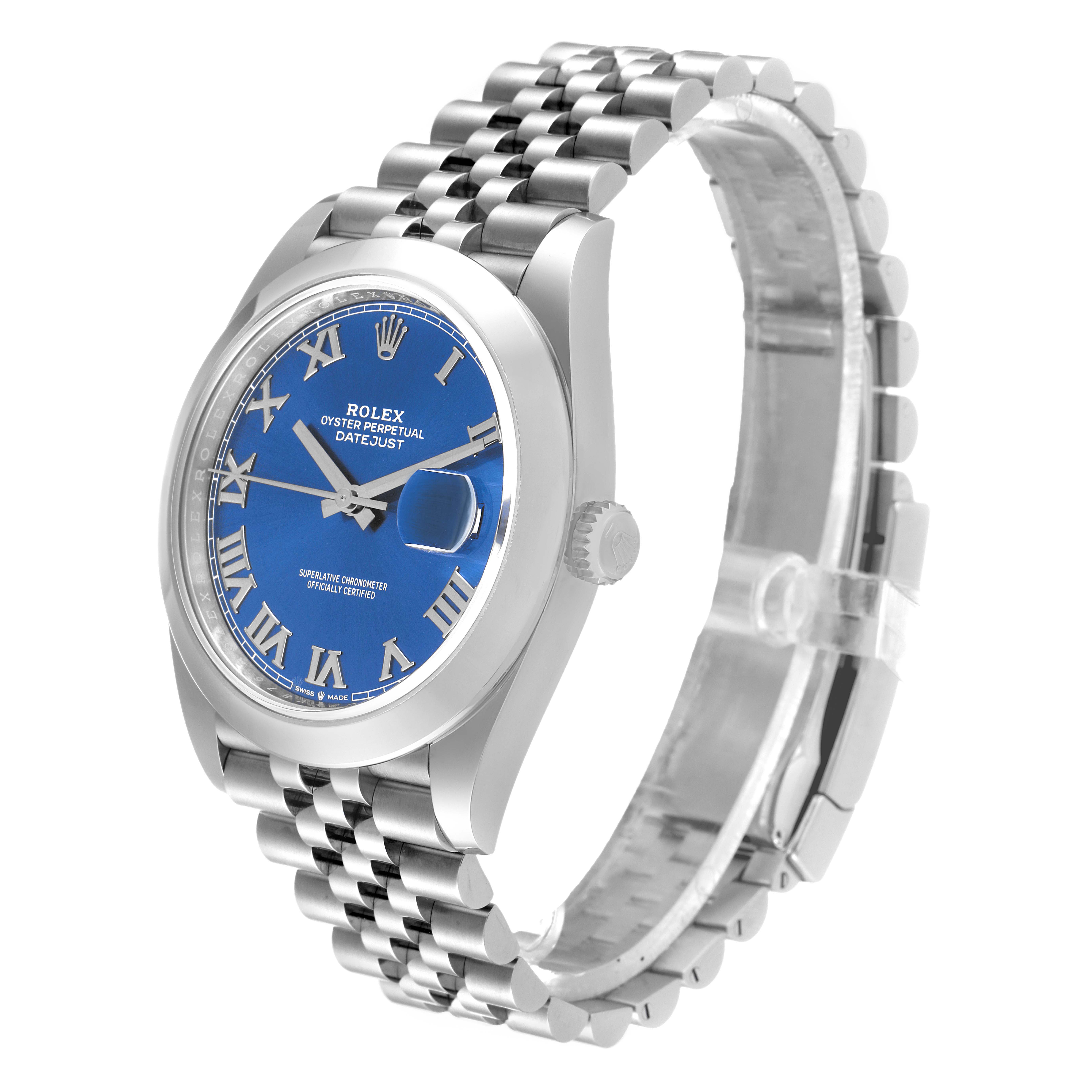 The image shows a Rolex Datejust 41 126300 Men
s Stainless Steel Blue Dial 126300 Men
s Stainless Steel Blue Dial watch at a slight angle, highlighting its blue dial, Roman numerals, and Jubilee bracelet.