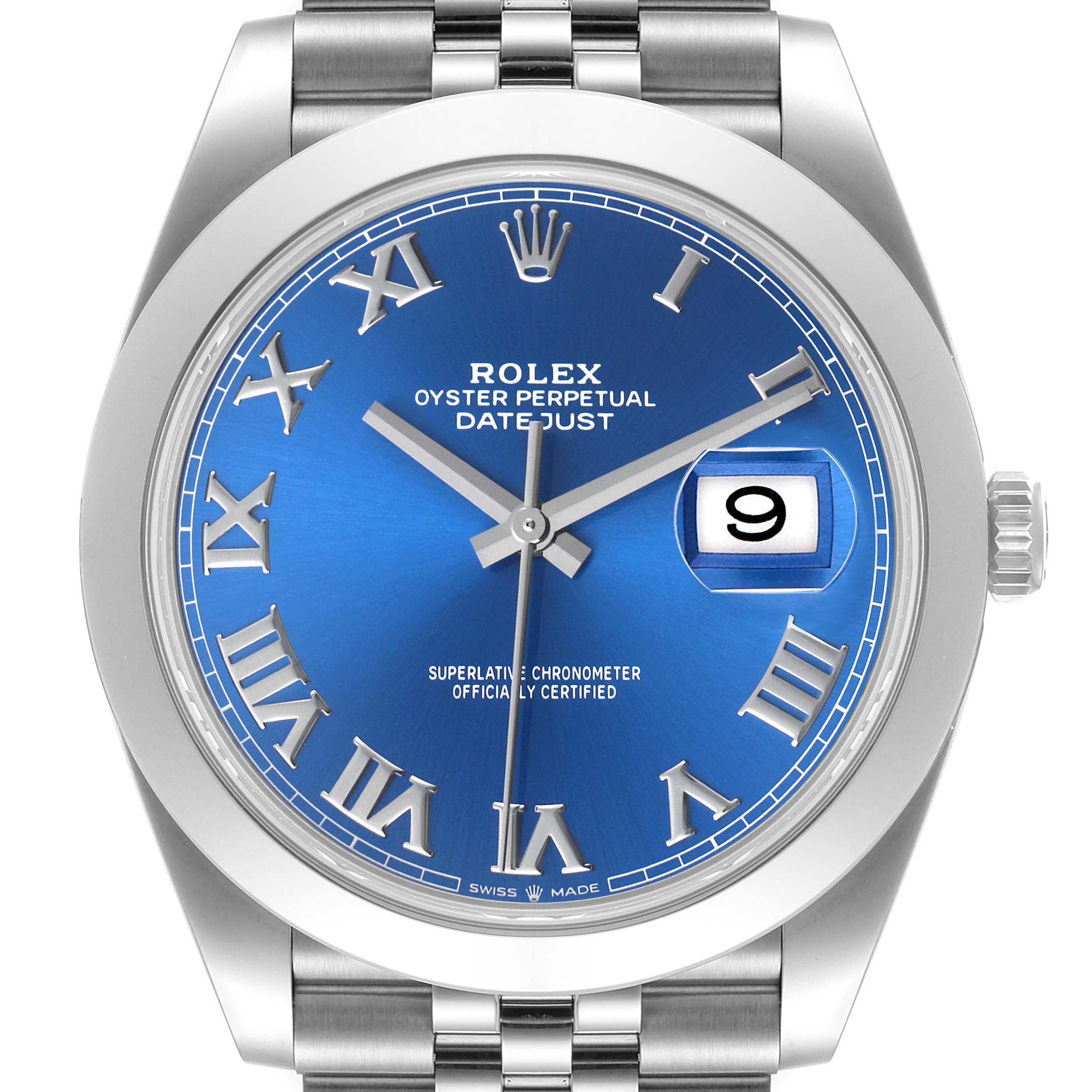 This image displays a front view of the Rolex Datejust 41 126300 Men
s Stainless Steel Blue Dial 126300 Men
s Stainless Steel Blue Dial, highlighting its blue dial, Roman numeral markers, and date window.