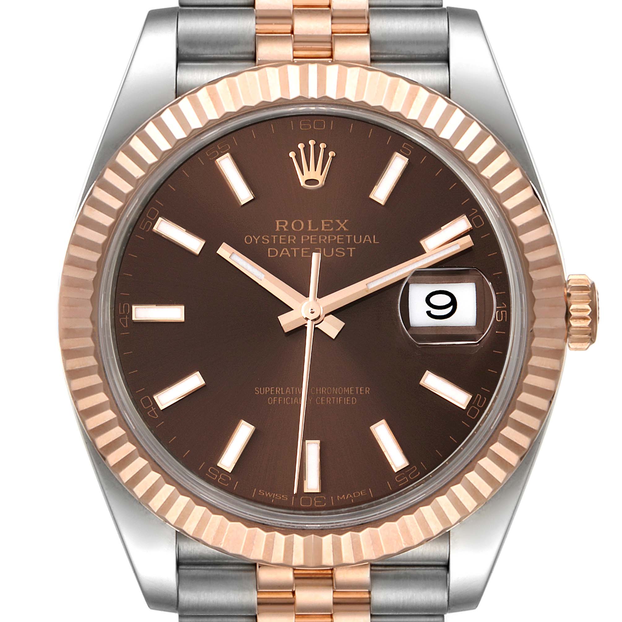 This is a front view of a Rolex Datejust 41 126331 Men's Steel and Gold (two tone) Brown Dial 126331 Men's Steel and Gold (two tone) Brown Dial model, showing the face, fluted bezel, bracelet, and crown.