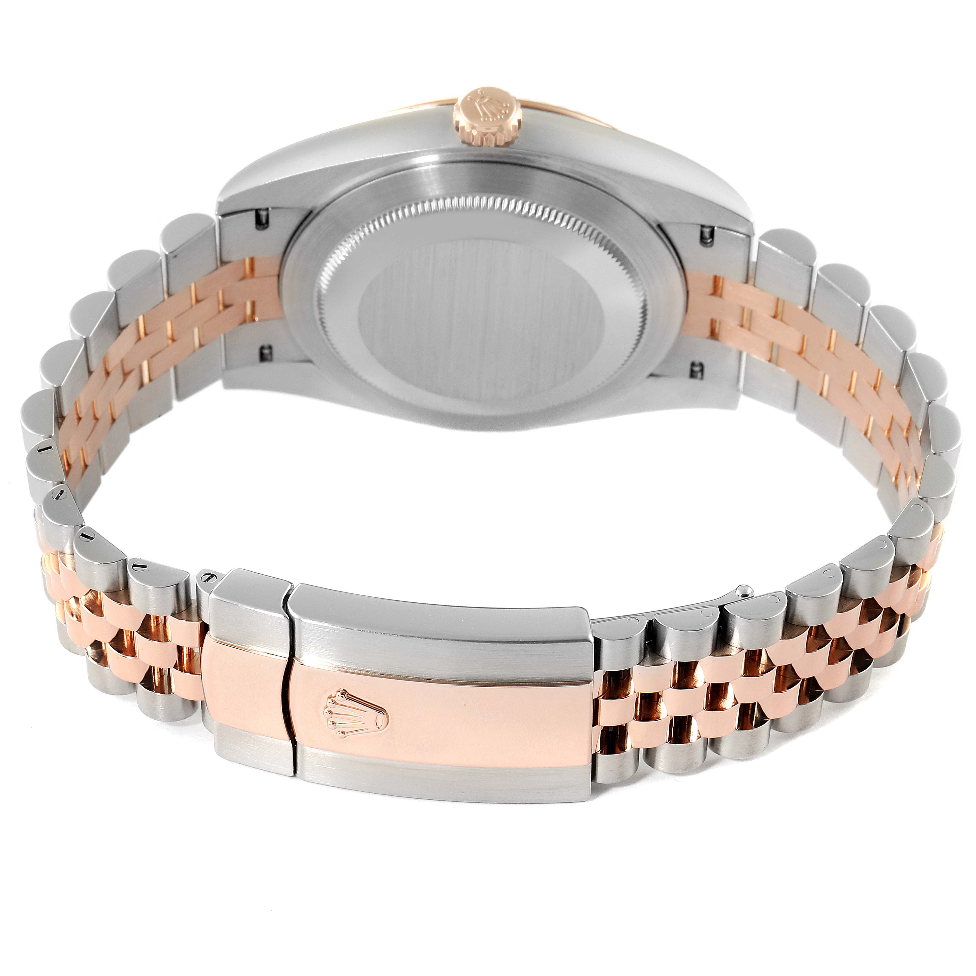 The image shows the back view of a Rolex Datejust 41 126331 Men's Steel and Gold (two tone) Brown Dial 126331 Men's Steel and Gold (two tone) Brown Dial watch, highlighting the case back, crown, and Jubilee bracelet with clasp.