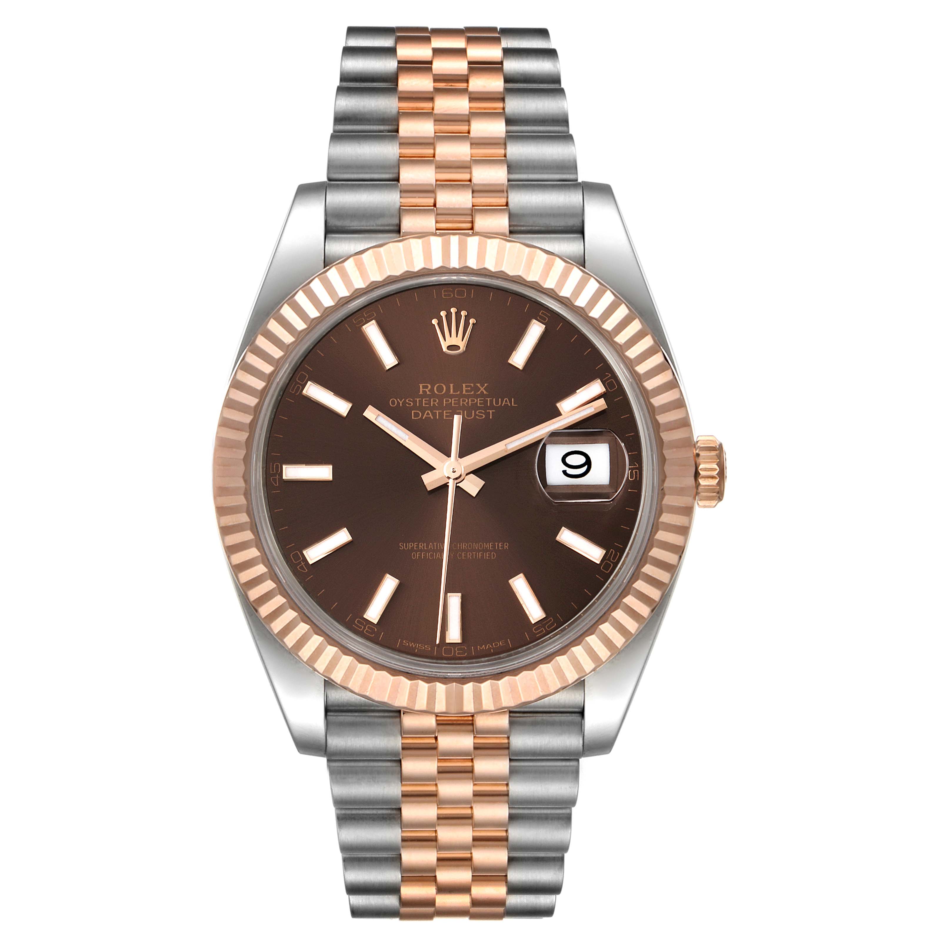 This image shows a front view of the Rolex Datejust 41 126331 Men's Steel and Gold (two tone) Brown Dial 126331 Men's Steel and Gold (two tone) Brown Dial watch, featuring a brown dial, two-tone bracelet, and fluted bezel.