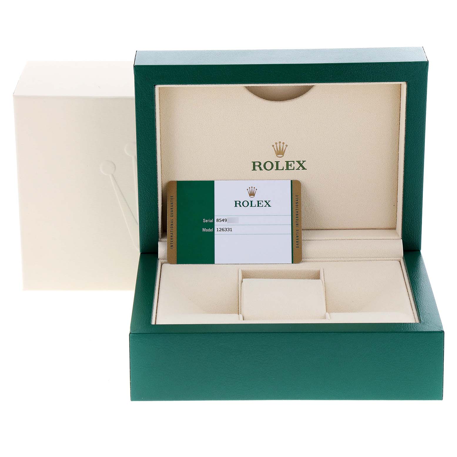 The image shows the open box and warranty card for a Rolex Datejust 41 126331 Men's Steel and Gold (two tone) Brown Dial 126331 Men's Steel and Gold (two tone) Brown Dial model.