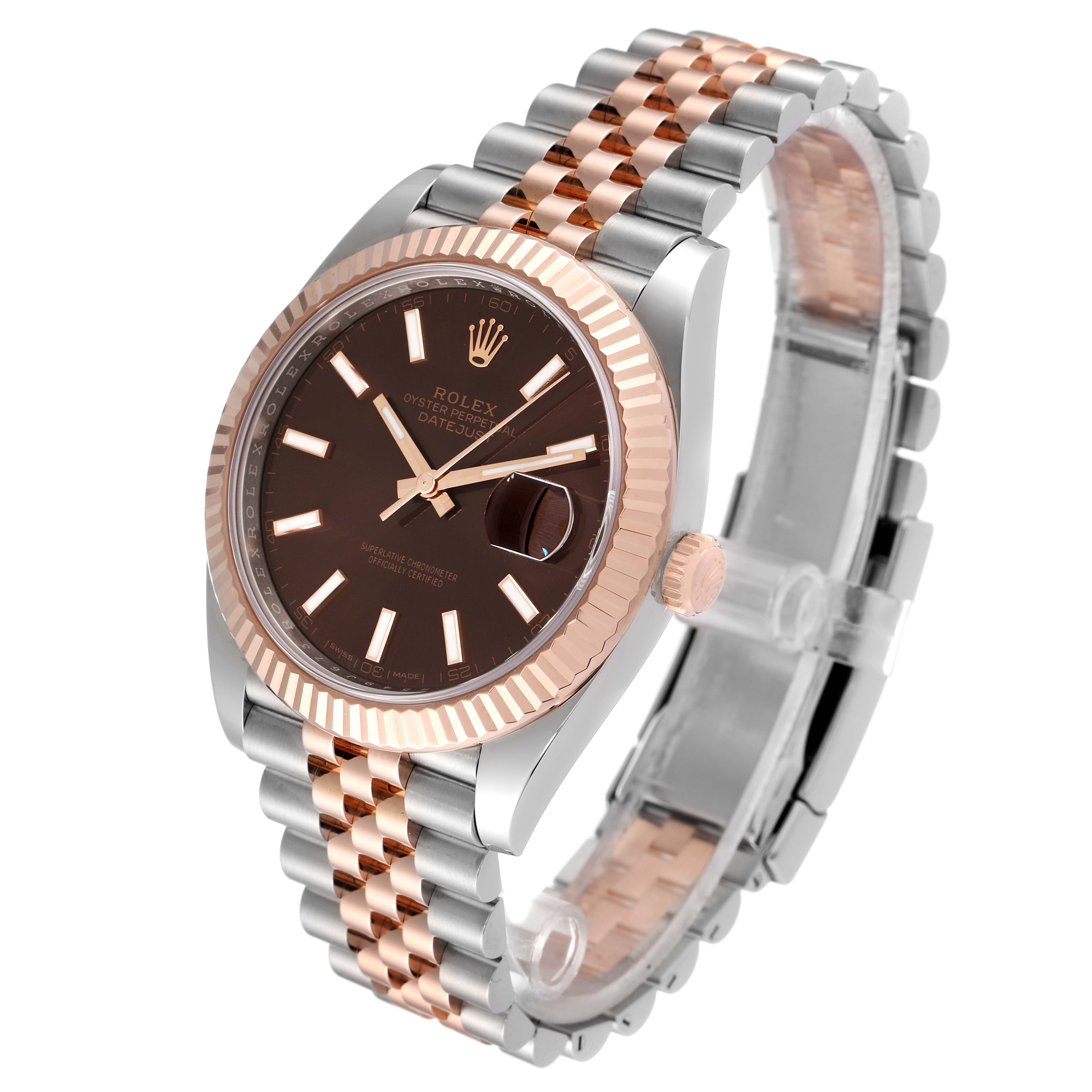 This image shows a Rolex Datejust 41 126331 Men's Steel and Gold (two tone) Brown Dial 126331 Men's Steel and Gold (two tone) Brown Dial watch at a slight angle, displaying the dial, bezel, crown, and jubilee bracelet.